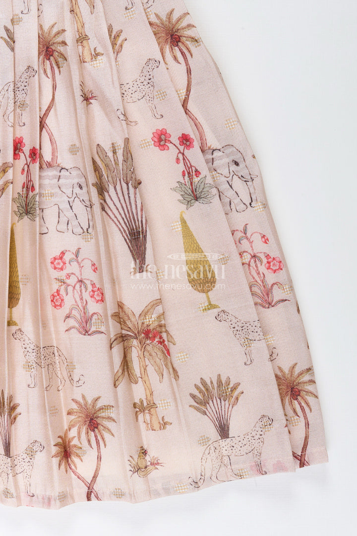 The Nesavu Silk Frock Baby girl semi silk frock with animal print for festive occasions Nesavu Nesavu baby girl semi silk frock jungle print cream  perfect weddings poojas