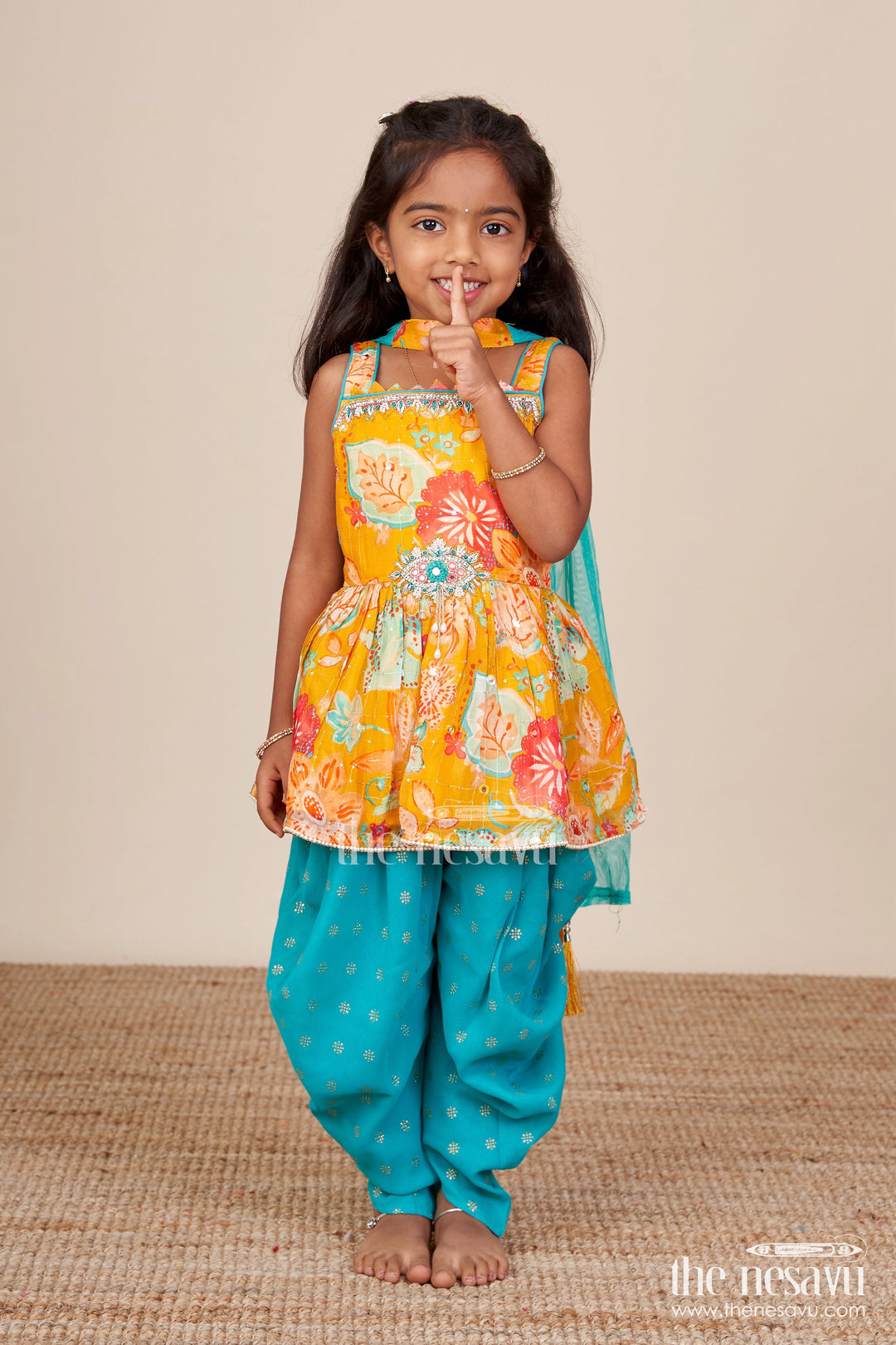 The Nesavu Girls Dothi Sets Baby Girl Sharara Set for Birthday Parties and Festive Playdates Nesavu 18 (2Y) / Yellow GPS864A-18 Nesavu baby girl sharara set digital floral print tulip pants festive parties