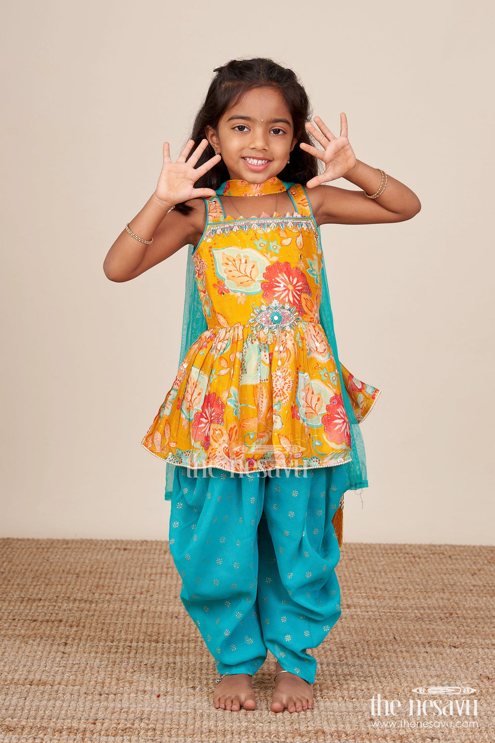 The Nesavu Girls Dothi Sets Baby Girl Sharara Set for Birthday Parties and Festive Playdates Nesavu Nesavu baby girl sharara set digital floral print tulip pants festive parties