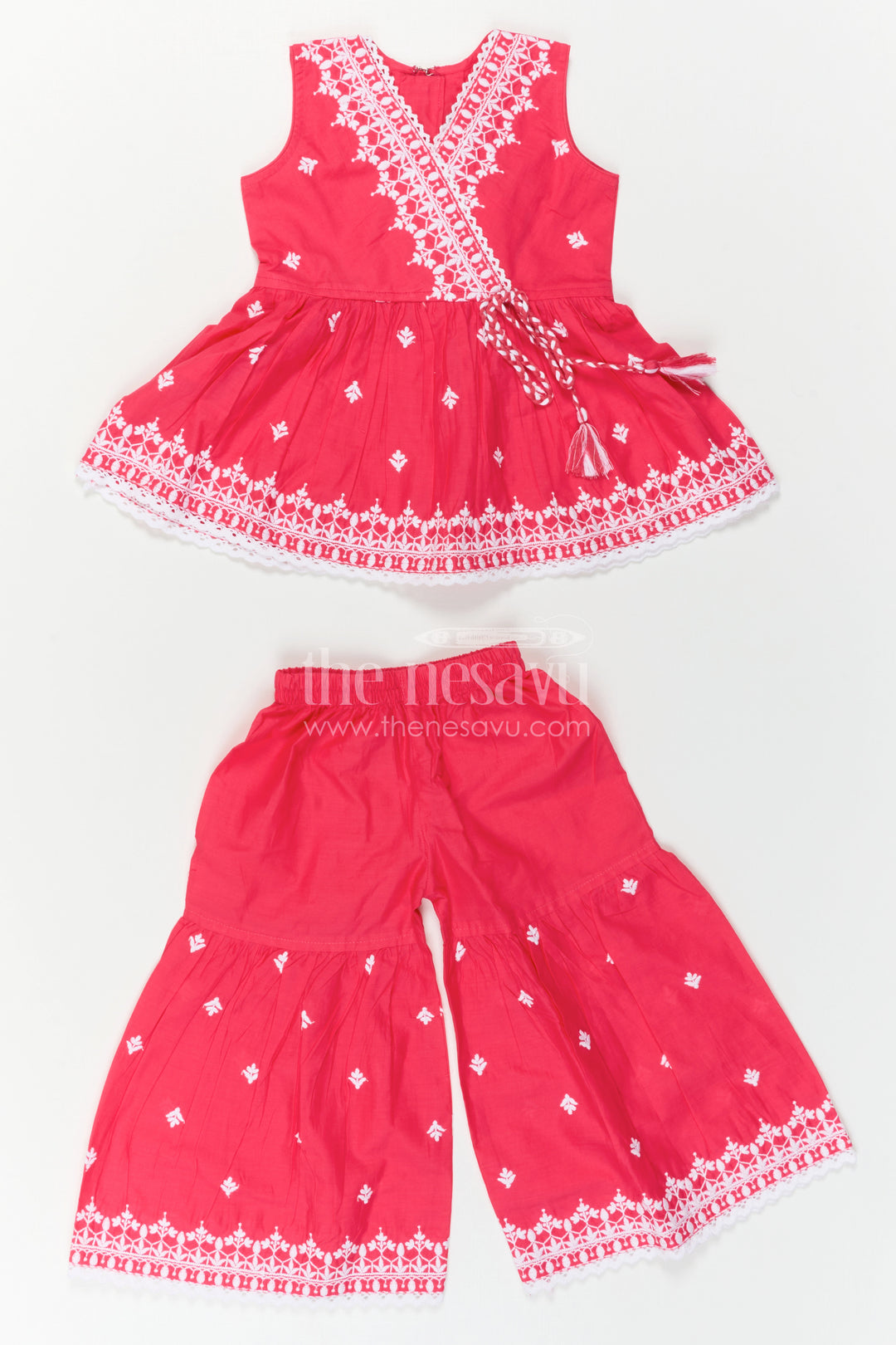 The Nesavu Girls Sharara / Plazo Set Baby Girl Sharara Set for Festive Occasions and Family Functions Nesavu Nesavu Baby Girl Sharara Set For Festive Occasions With Cotton Fabric And Thread Embroidery Design