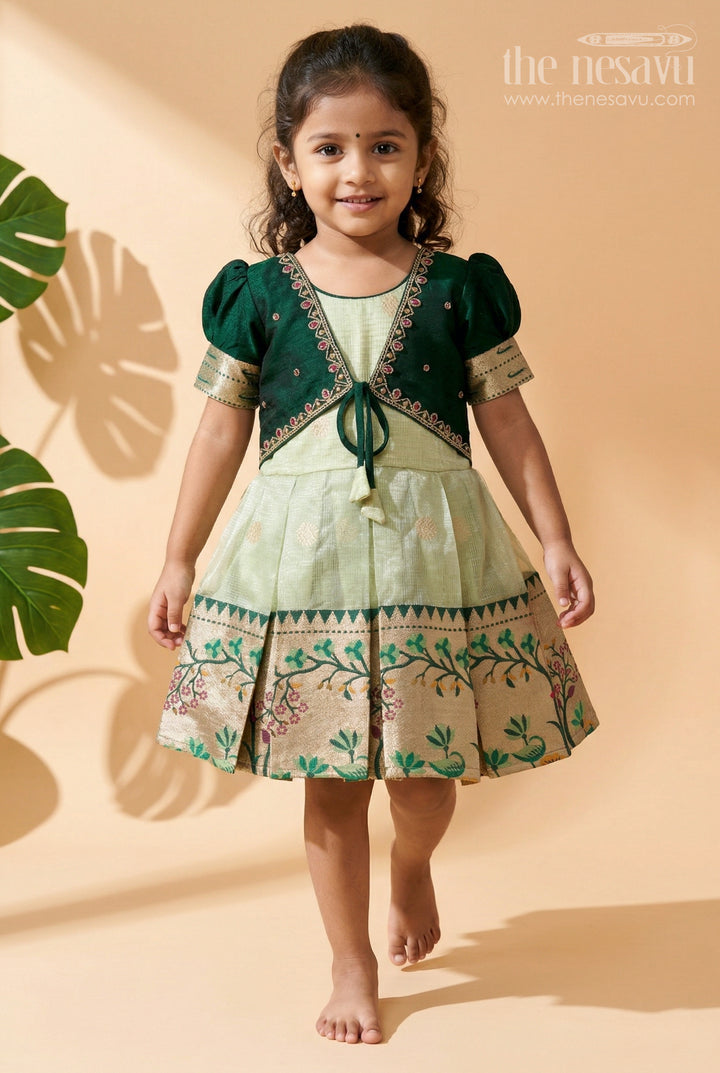 The Nesavu Silk Frock Baby Girl Silk Frock for Birthday and Festive Party Wear Nesavu 16 (1Y) / Green / Silk Blend SF1135C-16 Nesavu Baby Girl Silk Frock For Birthday And Festive Wear With Green Tissue Skirt And Flared Design