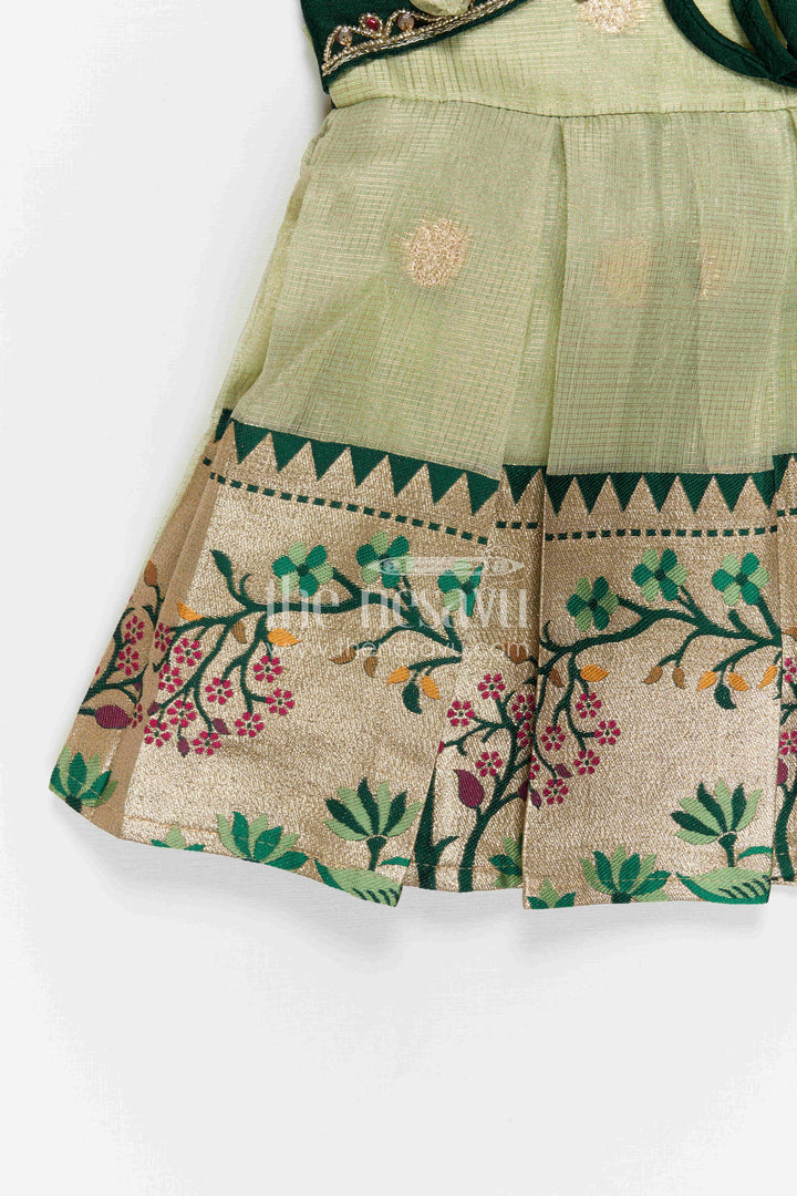 The Nesavu Silk Frock Baby Girl Silk Frock for Birthday and Festive Party Wear Nesavu Nesavu Baby Girl Silk Frock For Birthday And Festive Wear With Green Tissue Skirt And Flared Design