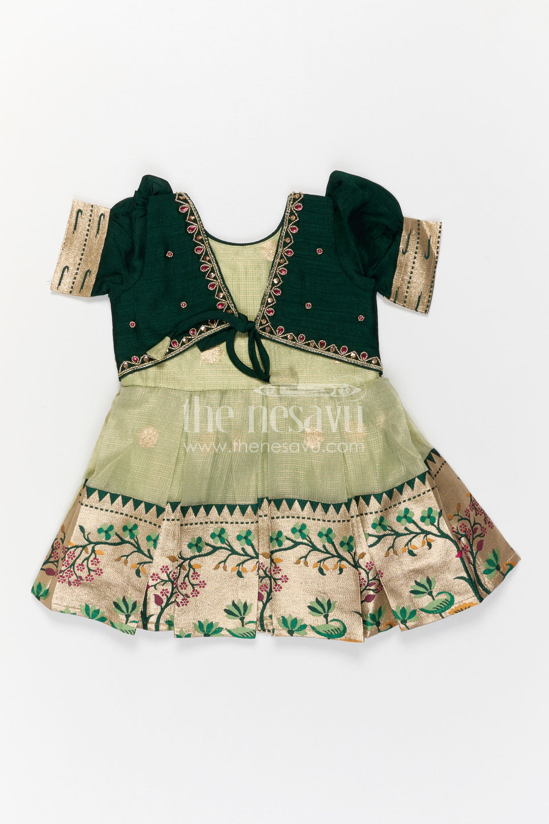 The Nesavu Silk Frock Baby Girl Silk Frock for Birthday and Festive Party Wear Nesavu Nesavu Baby Girl Silk Frock For Birthday And Festive Wear With Green Tissue Skirt And Flared Design