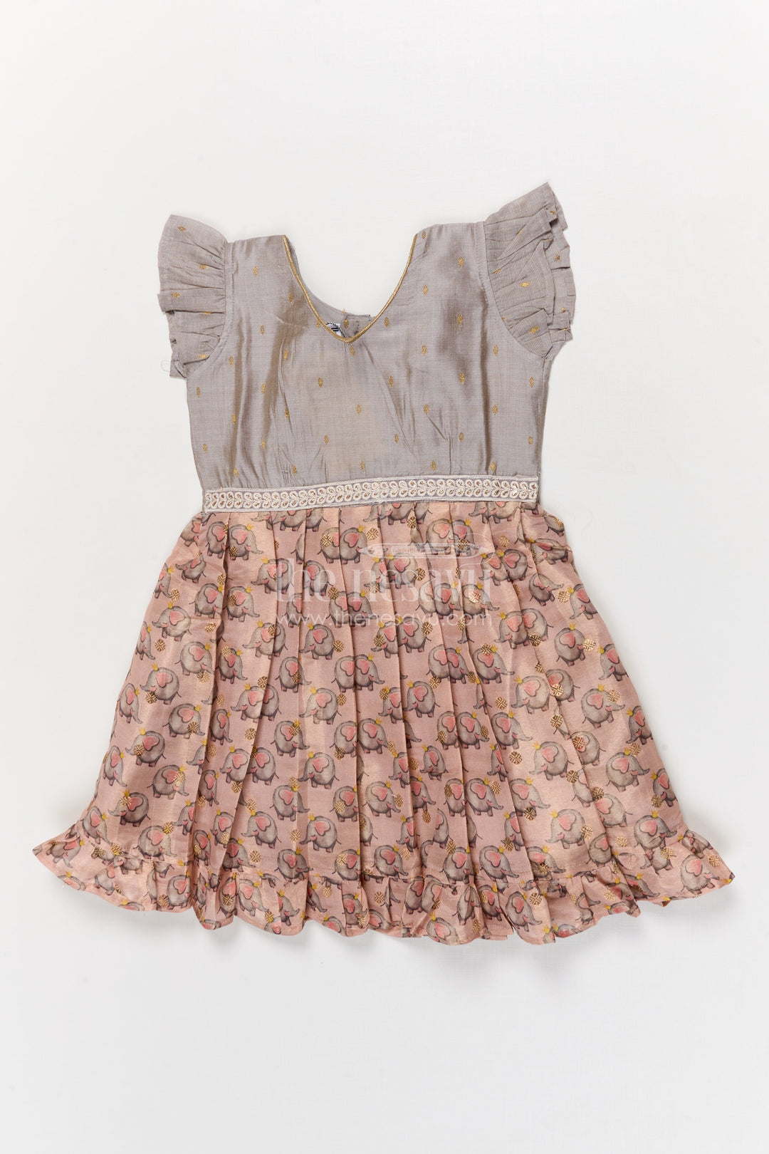 The Nesavu Silk Frock Baby Girl Silk Frock for Birthdays and Temple Visits Nesavu 18 (2Y) / Gray / Viscose Silk SF1107A-18 Nesavu baby girl silk frock with elephant motif and lace waist for birthdays and festive wear