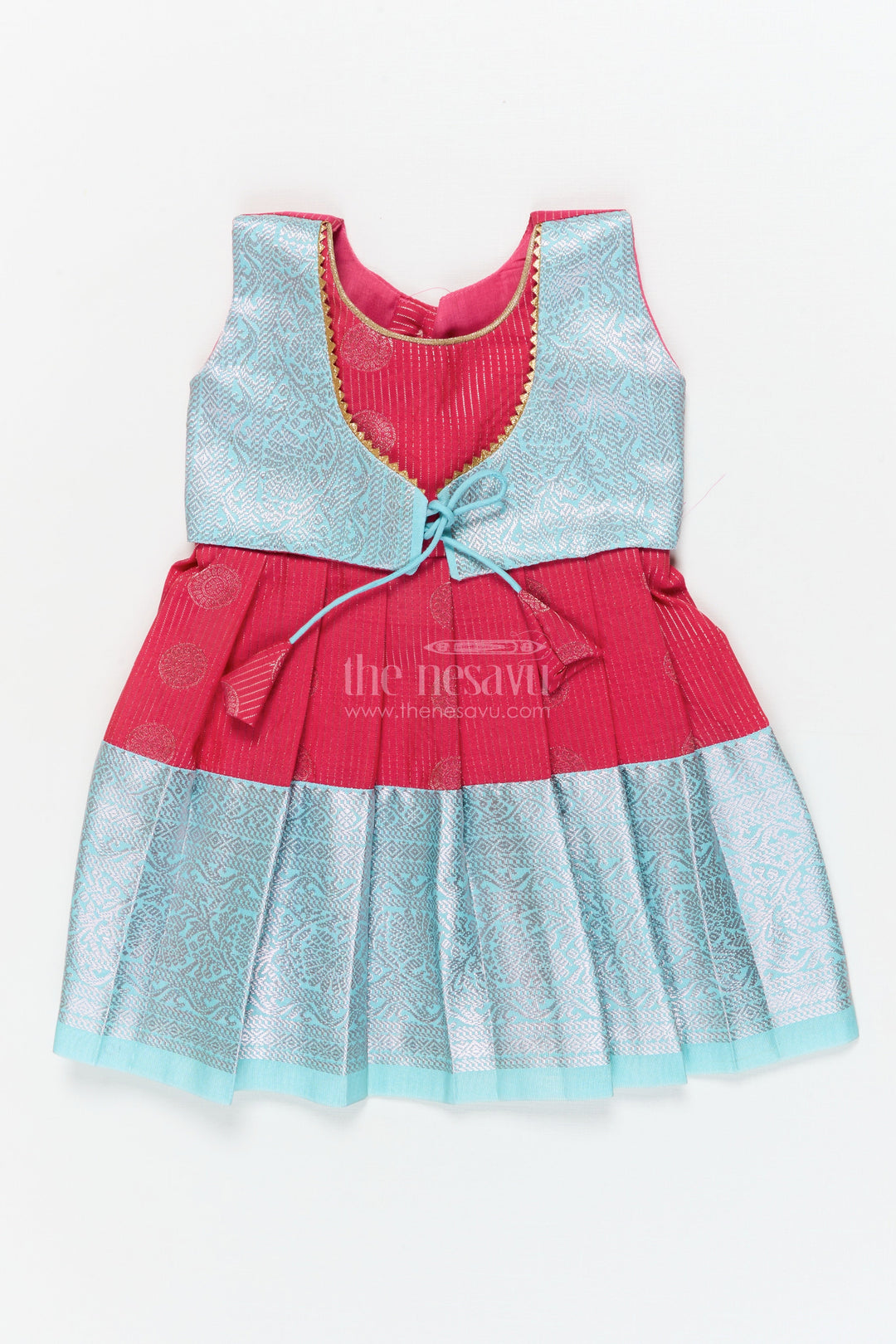 The Nesavu Girls Kanchi Silk Frock Baby Girl Silk Frock for Birthdays and Traditional Celebrations Nesavu 10 (NB) / Red / Style 3 KSF030BC-10 Nesavu baby girl silk frock with zari border and overlay for birthdays and festive events