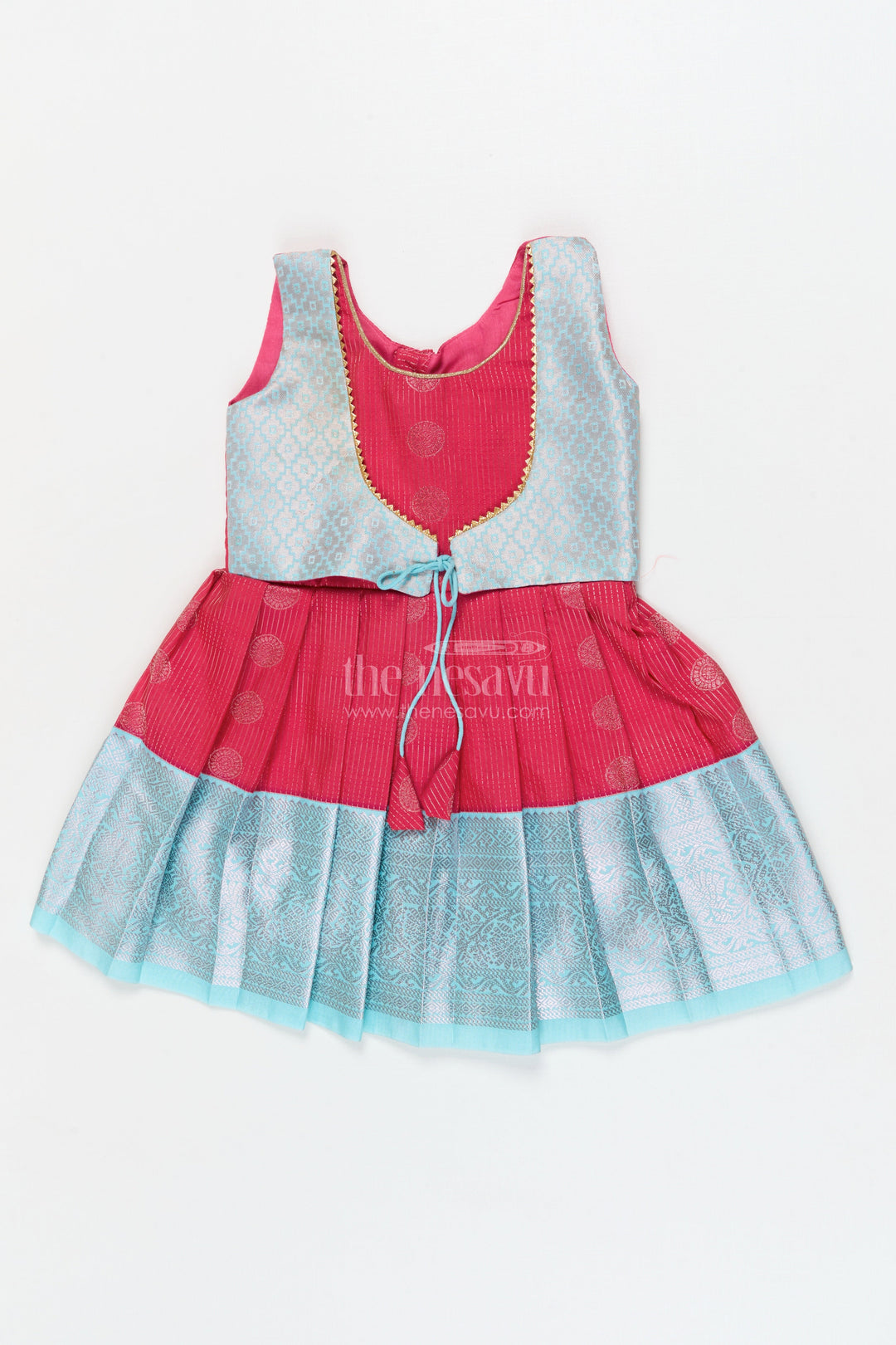 The Nesavu Girls Kanchi Silk Frock Baby Girl Silk Frock for Birthdays and Traditional Celebrations Nesavu 14 (6M) / Red / Style 1 KSF030BA-14 Nesavu baby girl silk frock with zari border and overlay for birthdays and festive events