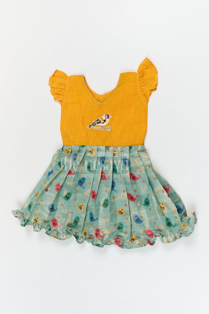 The Nesavu Silk Frock Baby Girl Silk Frock for Casual Festive Wear and Outings Nesavu 18 (2Y) / Yellow / Chanderi SF1143A-18 Nesavu baby girl silk frock for casual festive wear with chanderi cotton digital print and comfortable flared style