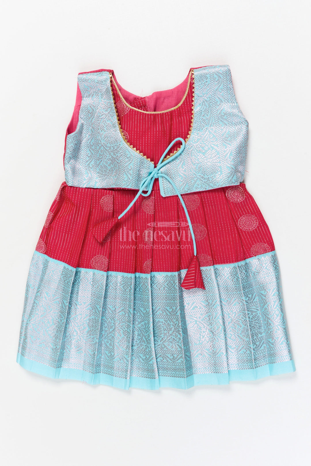 The Nesavu Girls Kanchi Silk Frock Baby Girl Silk Frock for Cultural Events and Festive Photo Moments Nesavu 10 (NB) / Red / Style 3 KSF030AC-10 Nesavu baby girl silk frock with zari border and tie-up overlay for festive family occasions
