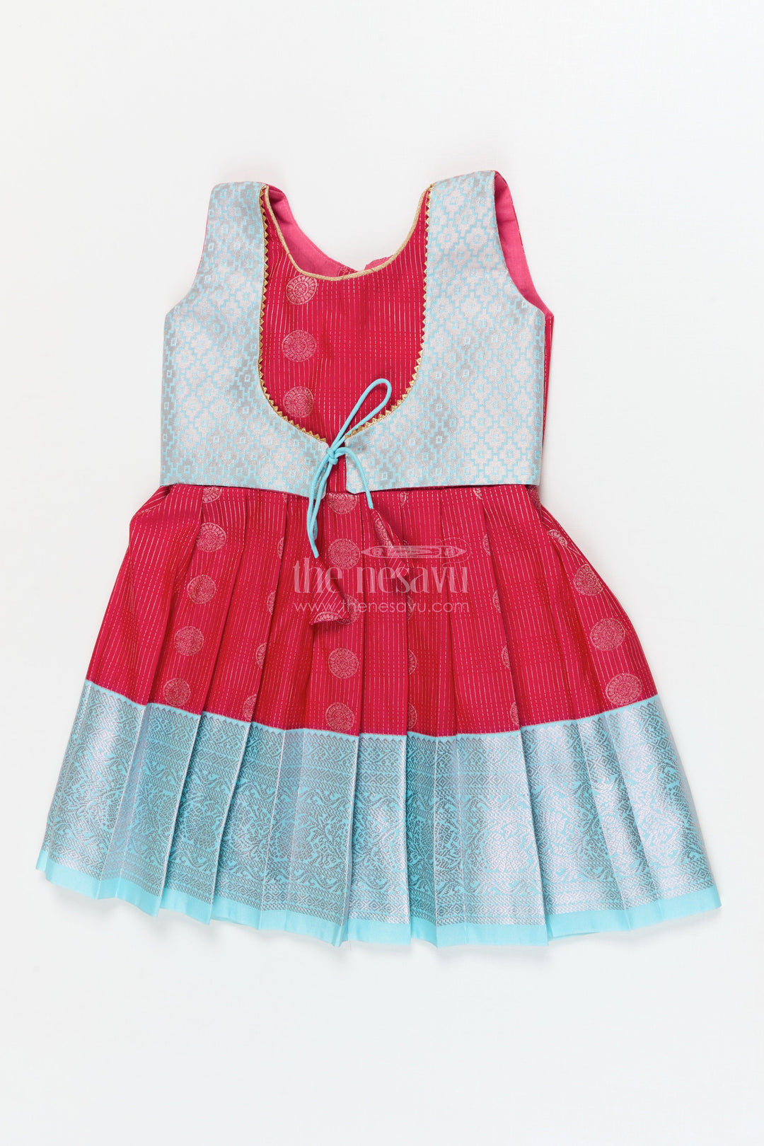 The Nesavu Girls Kanchi Silk Frock Baby Girl Silk Frock for Cultural Events and Festive Photo Moments Nesavu 14 (6M) / Red / Style 1 KSF030AA-14 Nesavu baby girl silk frock with zari border and tie-up overlay for festive family occasions
