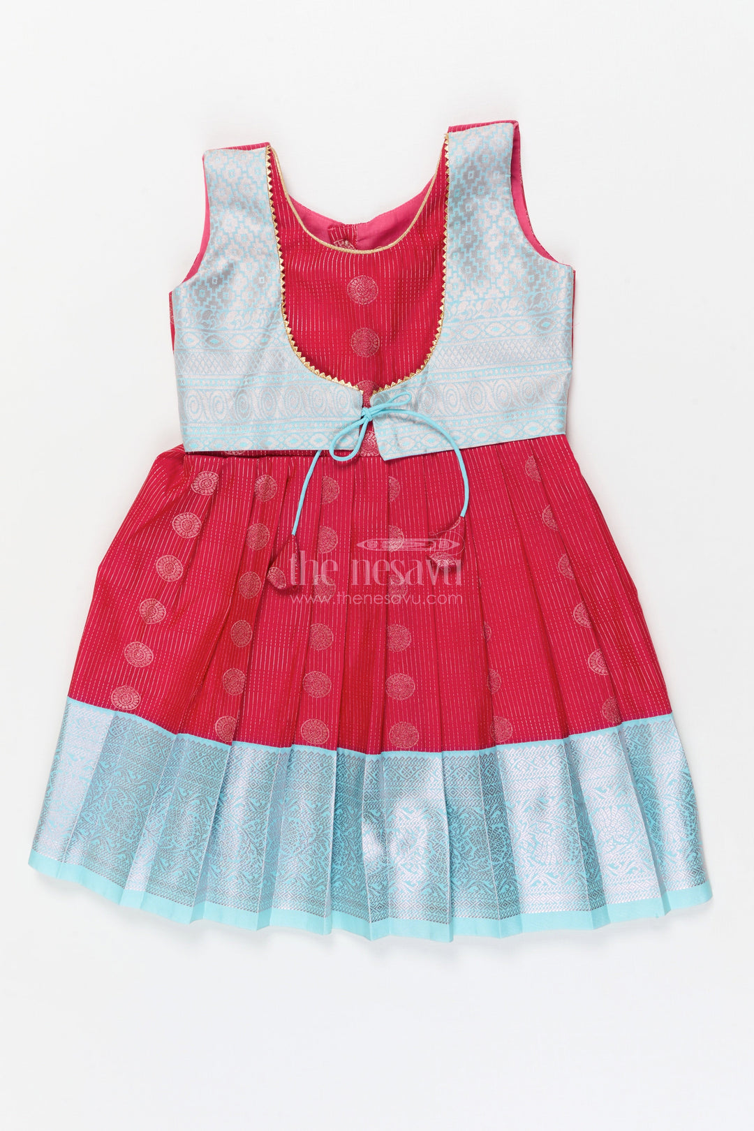 The Nesavu Girls Kanchi Silk Frock Baby Girl Silk Frock for Cultural Events and Festive Photo Moments Nesavu 22 (4Y) / Red / Style 2 KSF030AB-22 Nesavu baby girl silk frock with zari border and tie-up overlay for festive family occasions