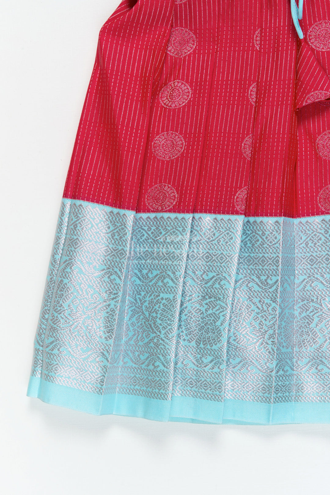 The Nesavu Girls Kanchi Silk Frock Baby Girl Silk Frock for Cultural Events and Festive Photo Moments Nesavu Nesavu baby girl silk frock with zari border and tie-up overlay for festive family occasions