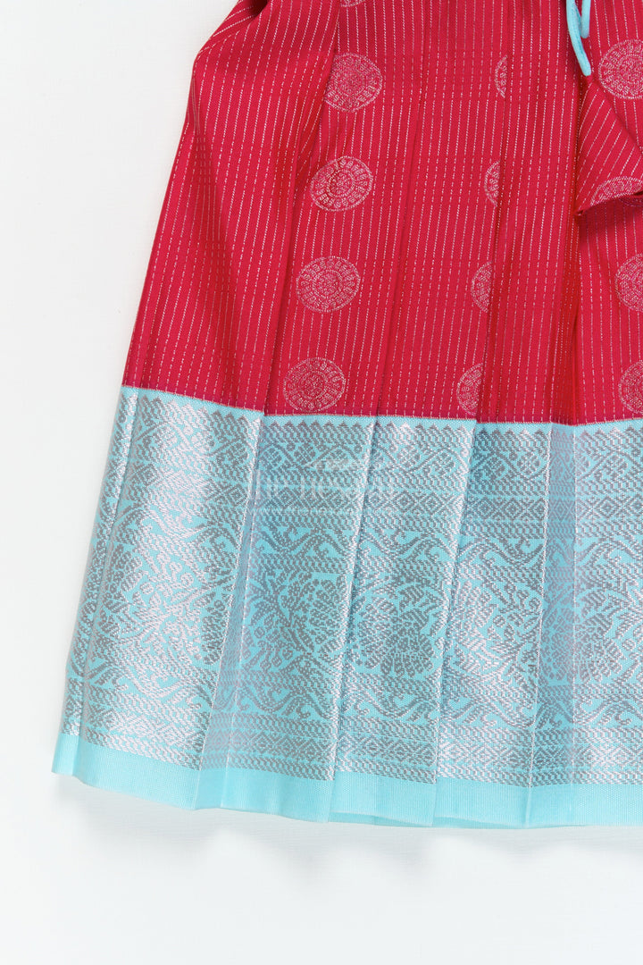 The Nesavu Girls Kanchi Silk Frock Baby Girl Silk Frock for Cultural Events and Festive Photo Moments Nesavu Nesavu baby girl silk frock with zari border and tie-up overlay for festive family occasions