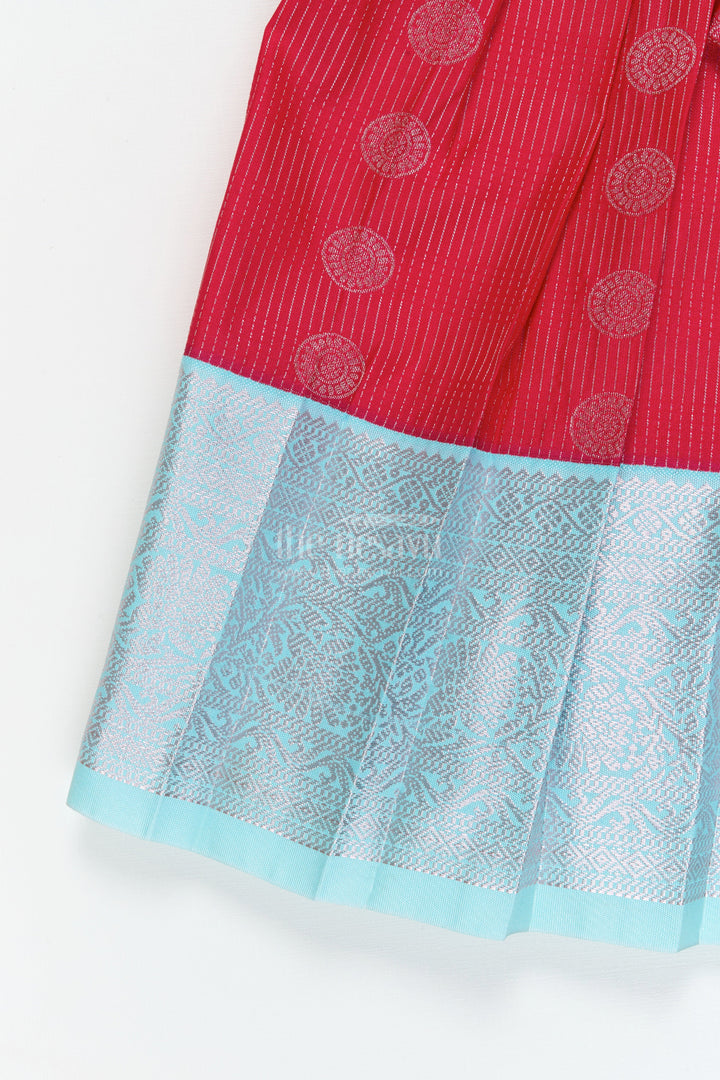 The Nesavu Girls Kanchi Silk Frock Baby Girl Silk Frock for Cultural Events and Festive Photo Moments Nesavu Nesavu baby girl silk frock with zari border and tie-up overlay for festive family occasions