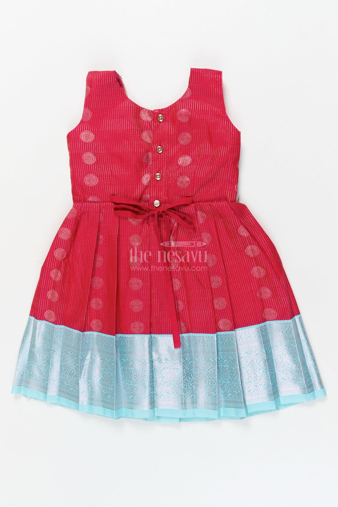 The Nesavu Girls Kanchi Silk Frock Baby Girl Silk Frock for Cultural Events and Festive Photo Moments Nesavu Nesavu baby girl silk frock with zari border and tie-up overlay for festive family occasions