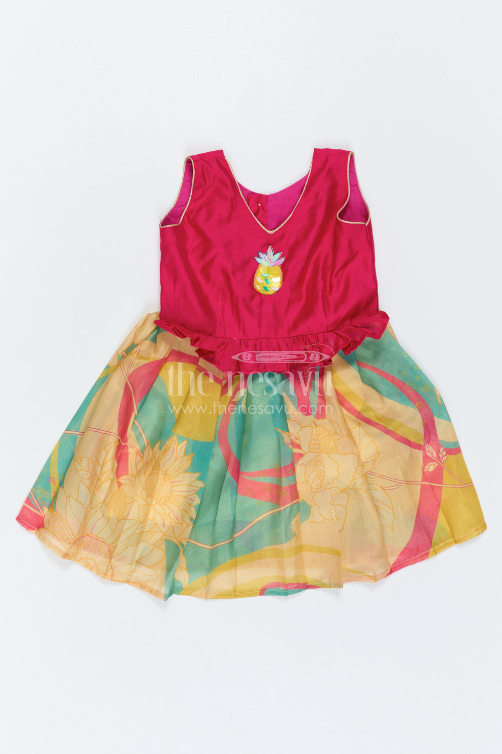 The Nesavu Silk Frock Baby Girl Silk Frock for Festive Birthdays and Celebrations Nesavu 16 (1Y) / Pink / Semi Banarasi SF1165B-16 Nesavu Baby Girl Silk Frock With Digital Print Skirt For Birthdays And Festive Celebrations