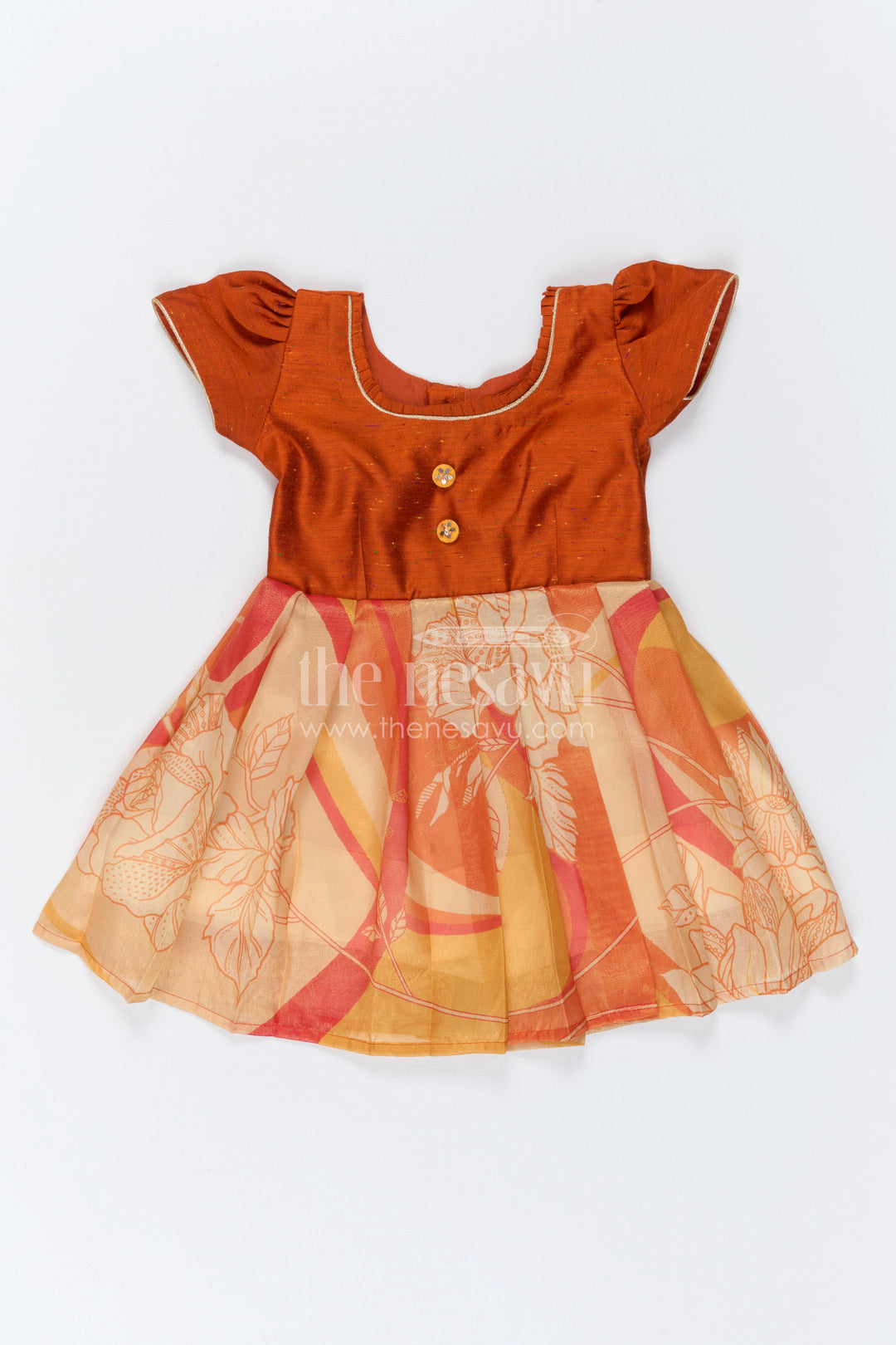 The Nesavu Silk Frock Baby Girl Silk Frock for Festive Birthdays and Family Celebrations Nesavu 16 (1Y) / Gold / Semi Banarasi SF1171A-16 Nesavu Baby Girl Silk Frock With Digital Floral Print For Birthdays And Festive Celebrations