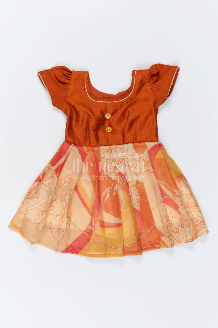 The Nesavu Silk Frock Baby Girl Silk Frock for Festive Birthdays and Family Celebrations Nesavu 16 (1Y) / Gold / Semi Banarasi SF1171A-16 Nesavu Baby Girl Silk Frock With Digital Floral Print For Birthdays And Festive Celebrations