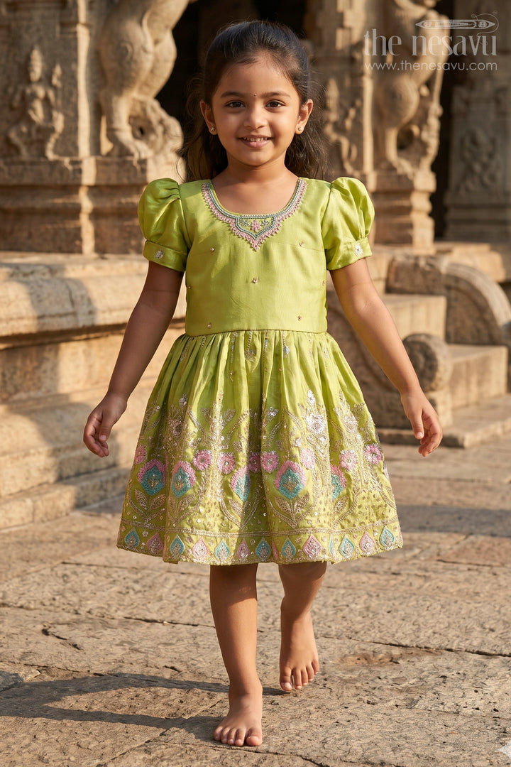 The Nesavu Silk Frock Baby Girl Silk Frock for Festive Celebrations and Family Functions Nesavu 16 (1Y) / Green / Silk Blend SF1141A-16 Nesavu baby girl silk frock for festive celebrations with tissue skirt design