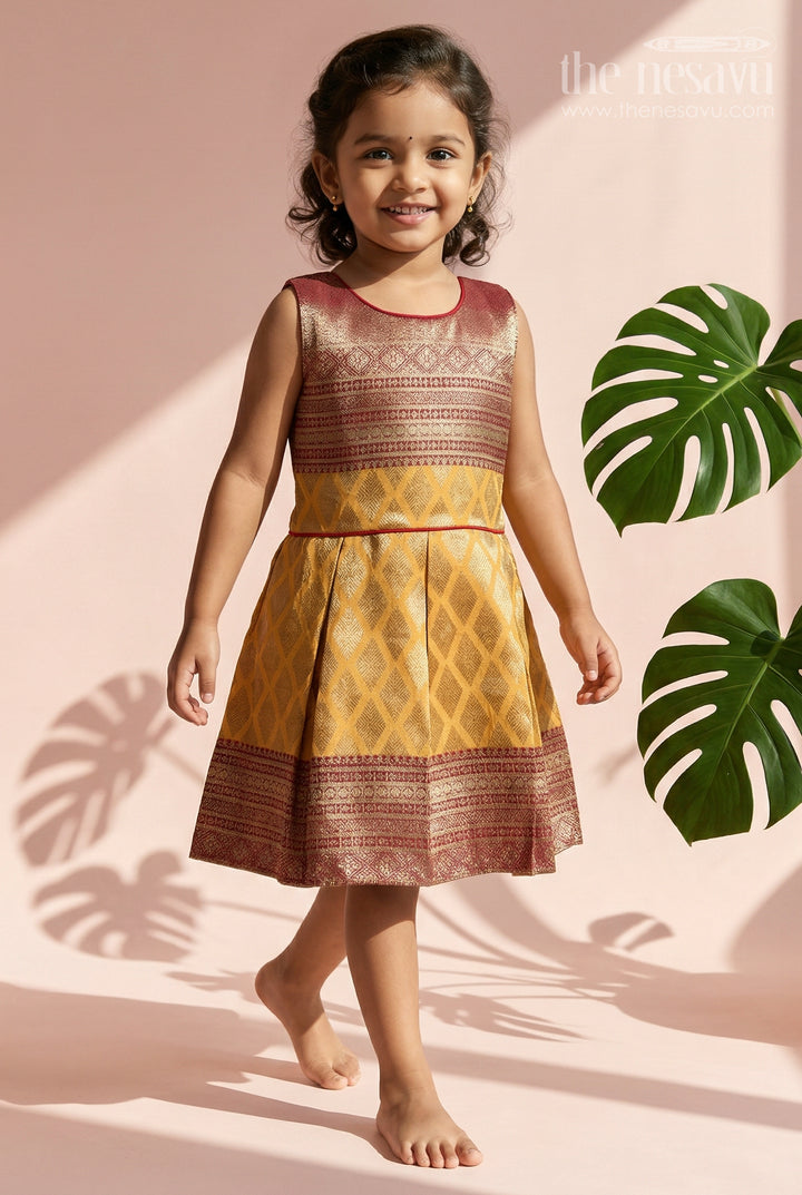 The Nesavu Silk Frock Baby Girl Silk Frock for Festive Celebrations and Functions Nesavu 16 (1Y) / Yellow / Banarasi SF1148A-16 Nesavu Baby Girl Silk Frock For Festive Occasions With Semi Banaras Fabric And Traditional Flared Design