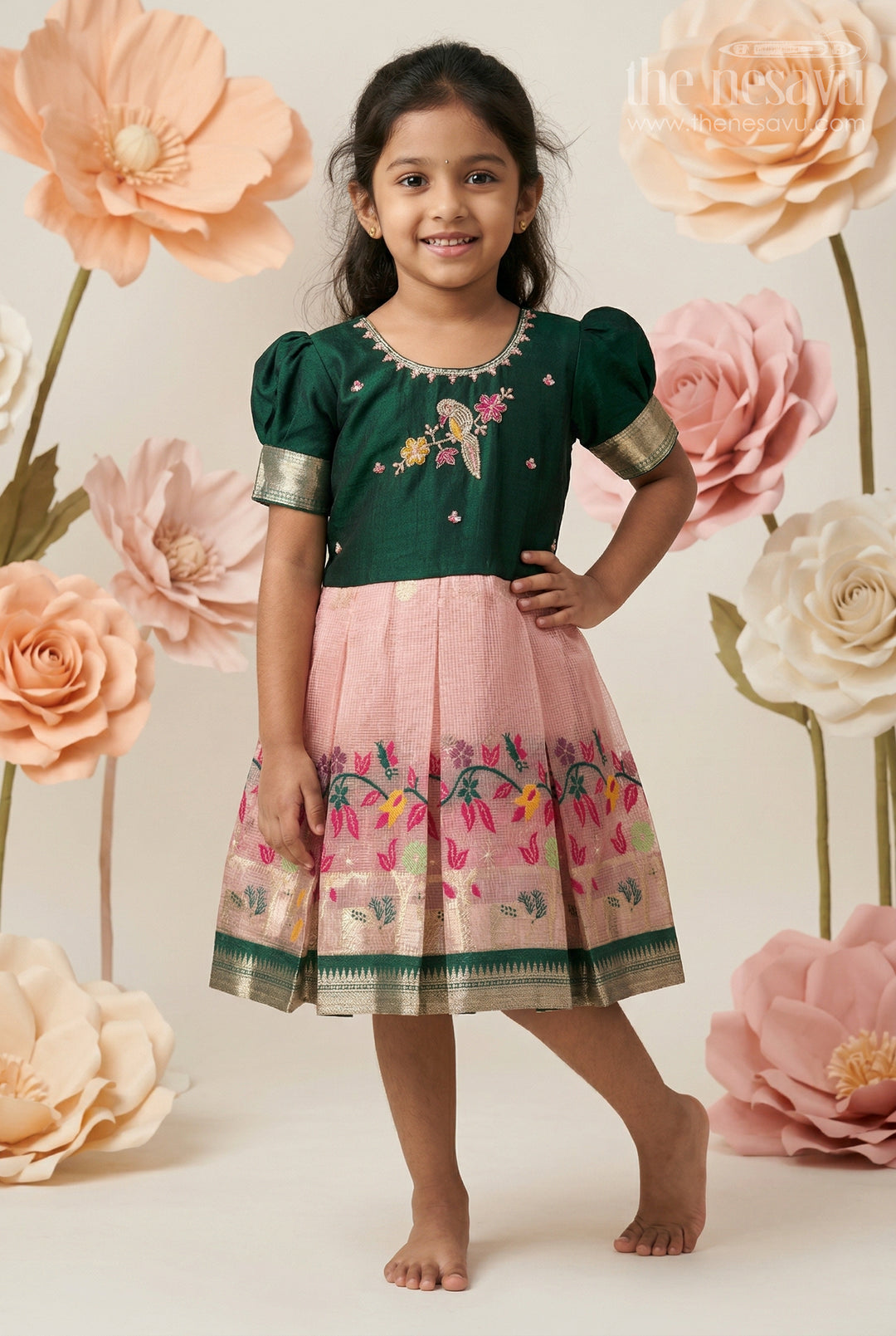 The Nesavu Silk Frock Baby Girl Silk Frock for Festive Occasions and Birthdays Nesavu 16 (1Y) / Green / Silk Blend SF1149B-16 Nesavu Baby Girl Silk Frock For Festive Occasions Green Blend Silk With Tissue Skirt Traditional Wear