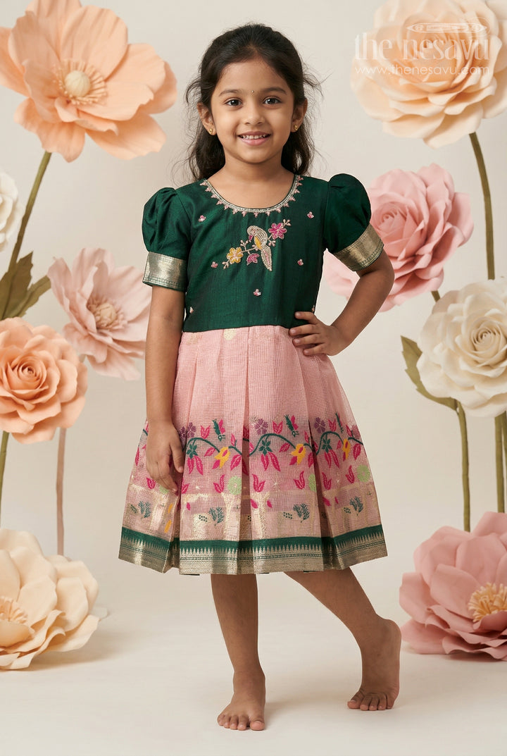 The Nesavu Silk Frock Baby Girl Silk Frock for Festive Occasions and Birthdays Nesavu 16 (1Y) / Green / Silk Blend SF1149B-16 Nesavu Baby Girl Silk Frock For Festive Occasions Green Blend Silk With Tissue Skirt Traditional Wear