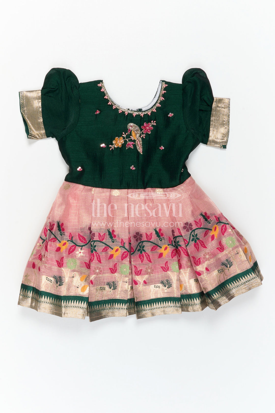 The Nesavu Silk Frock Baby Girl Silk Frock for Festive Occasions and Birthdays Nesavu Nesavu Baby Girl Silk Frock For Festive Occasions Green Blend Silk With Tissue Skirt Traditional Wear