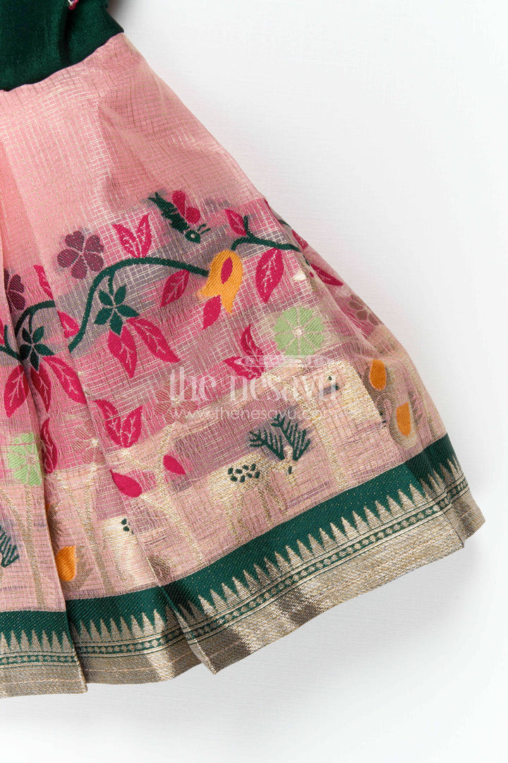 The Nesavu Silk Frock Baby Girl Silk Frock for Festive Occasions and Birthdays Nesavu Nesavu Baby Girl Silk Frock For Festive Occasions Green Blend Silk With Tissue Skirt Traditional Wear