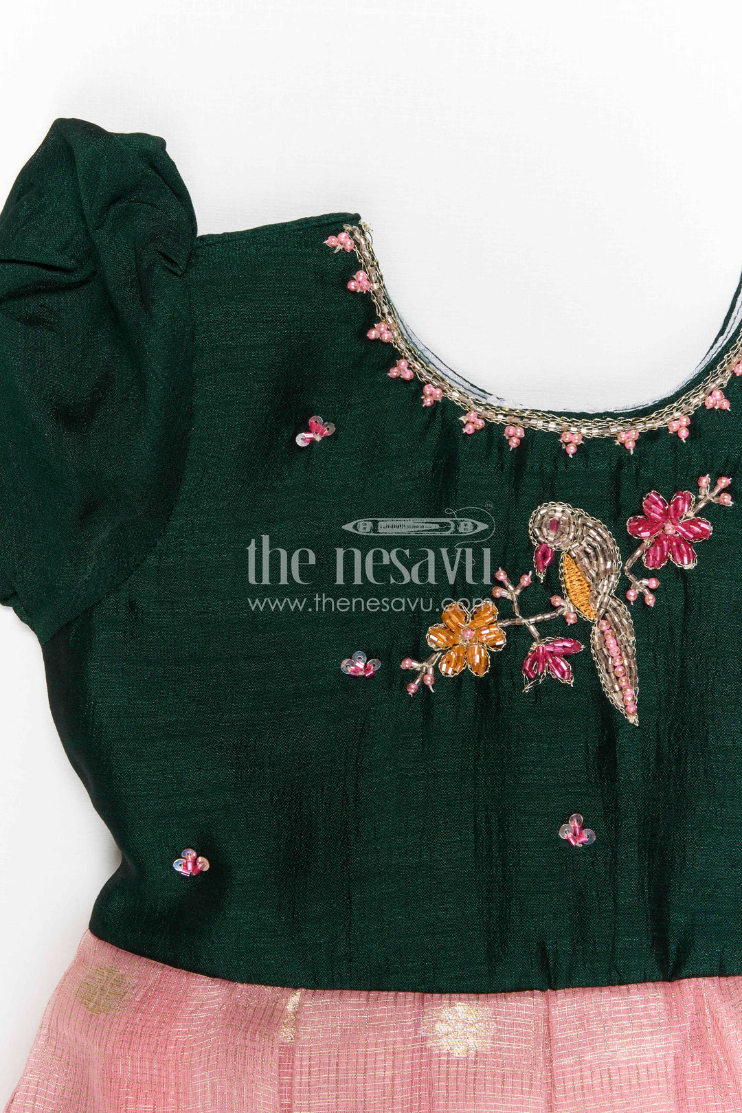 The Nesavu Silk Frock Baby Girl Silk Frock for Festive Occasions and Birthdays Nesavu Nesavu Baby Girl Silk Frock For Festive Occasions Green Blend Silk With Tissue Skirt Traditional Wear