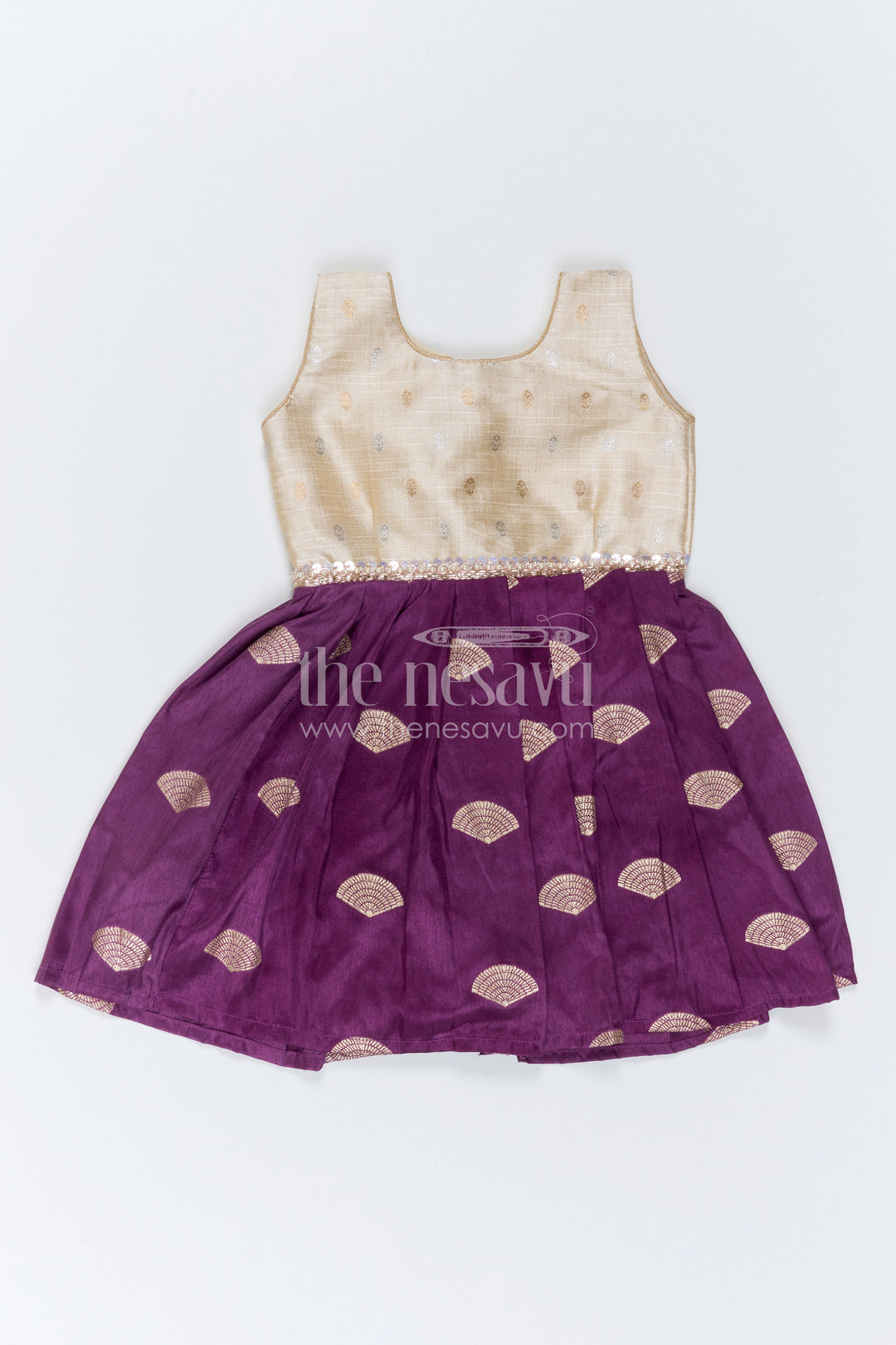 The Nesavu Silk Frock Baby Girl Silk Frock for Festive Parties and Family Functions Nesavu 16 (1Y) / Cream / Semi Banarasi SF1168B-16 Nesavu Baby Girl Silk Frock With Purple Festive Skirt For Parties And Traditional Celebrations