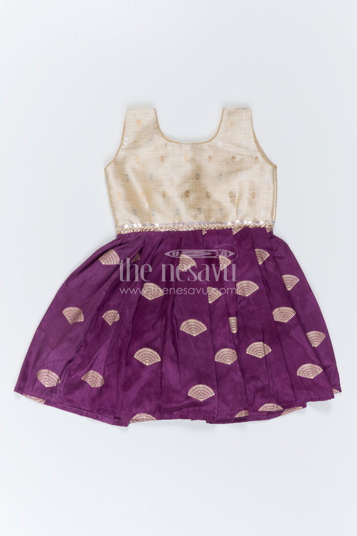 The Nesavu Silk Frock Baby Girl Silk Frock for Festive Parties and Family Functions Nesavu 16 (1Y) / Cream / Semi Banarasi SF1168B-16 Nesavu Baby Girl Silk Frock With Purple Festive Skirt For Parties And Traditional Celebrations