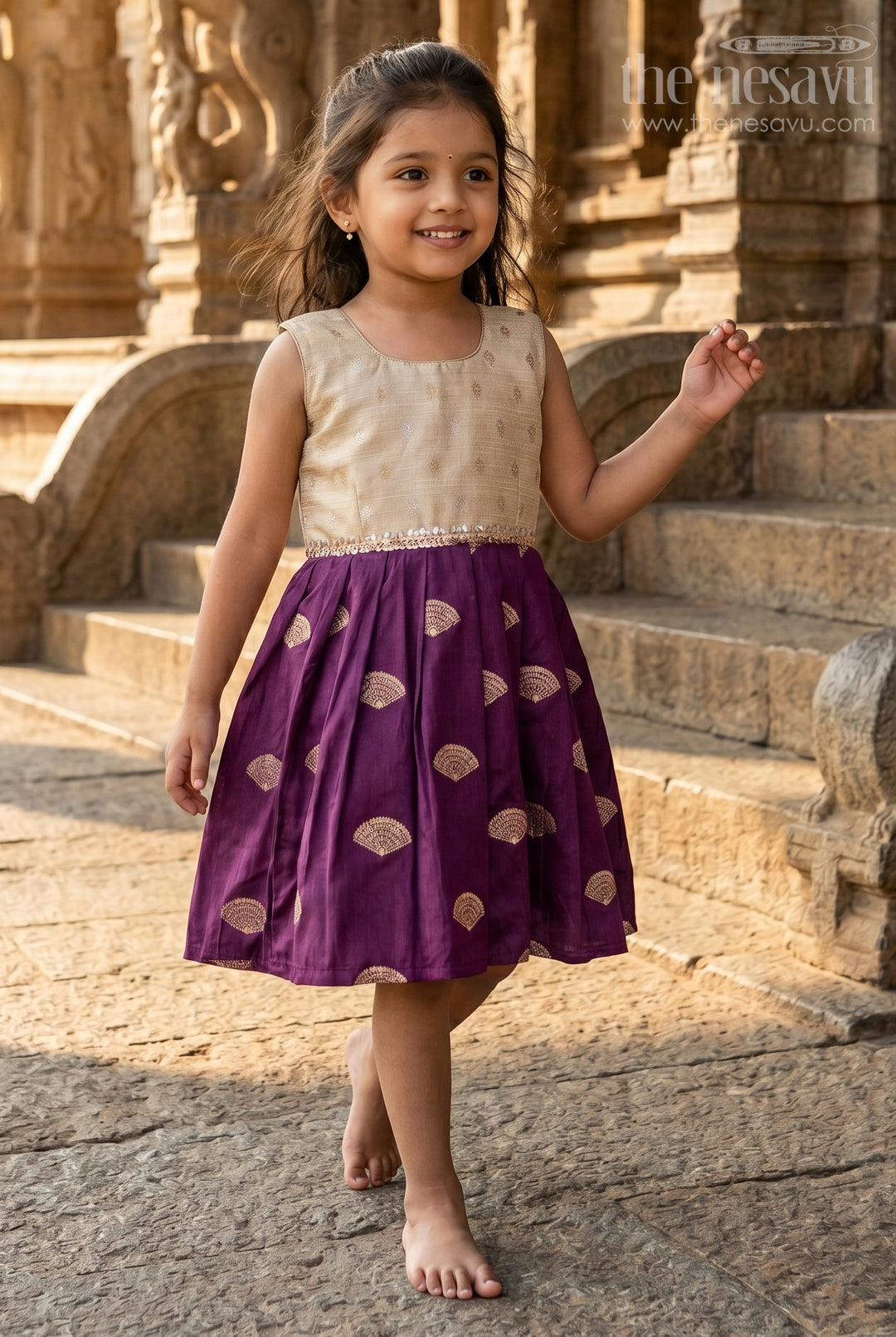 The Nesavu Silk Frock Baby Girl Silk Frock for Festive Parties and Family Functions Nesavu 16 (1Y) / Cream / Semi Banarasi SF1168B-16 Nesavu Baby Girl Silk Frock With Purple Festive Skirt For Parties And Traditional Celebrations