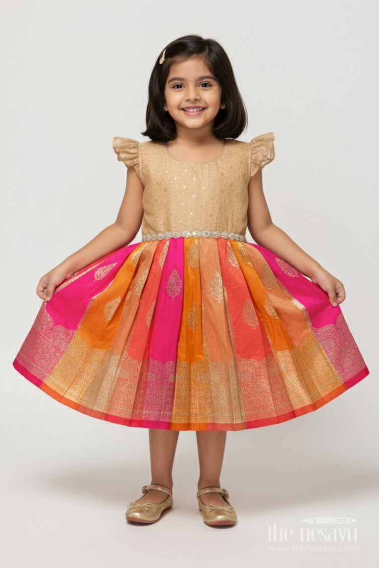 The Nesavu Silk Frock Baby Girl Silk Frock for Festive Weddings and Family Functions Nesavu 16 (1Y) / Gold SF1091A-16 Nesavu baby girl silk frock with zari border and tissue yoke for weddings and ethnic day