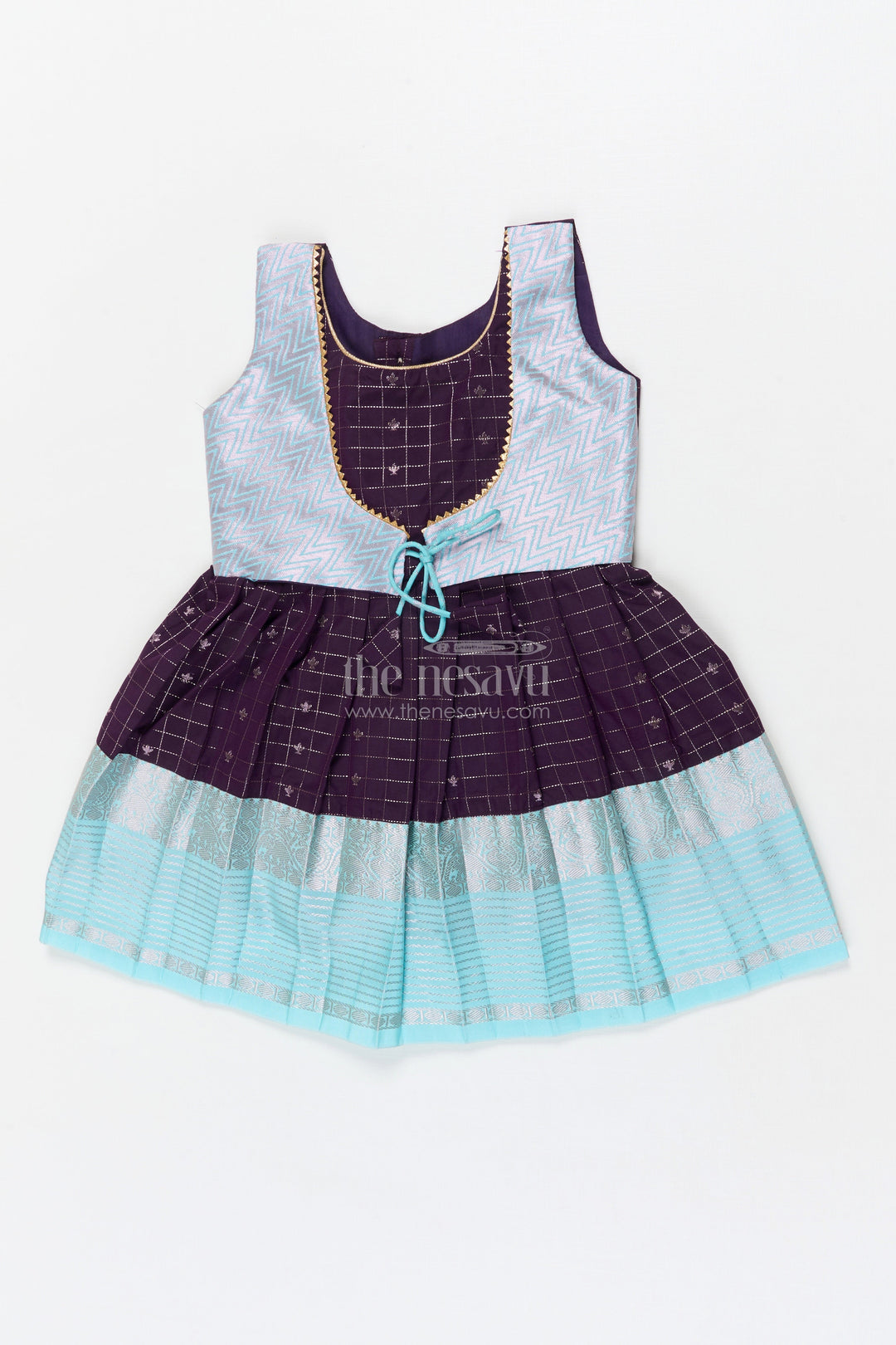 The Nesavu Girls Kanchi Silk Frock Baby Girl Silk Frock for Naming Ceremony and Festive Milestones Nesavu 14 (6M) / Purple / Style 1 KSF011AA-14 Nesavu baby girl silk frock for naming ceremony with zari checks and traditional border