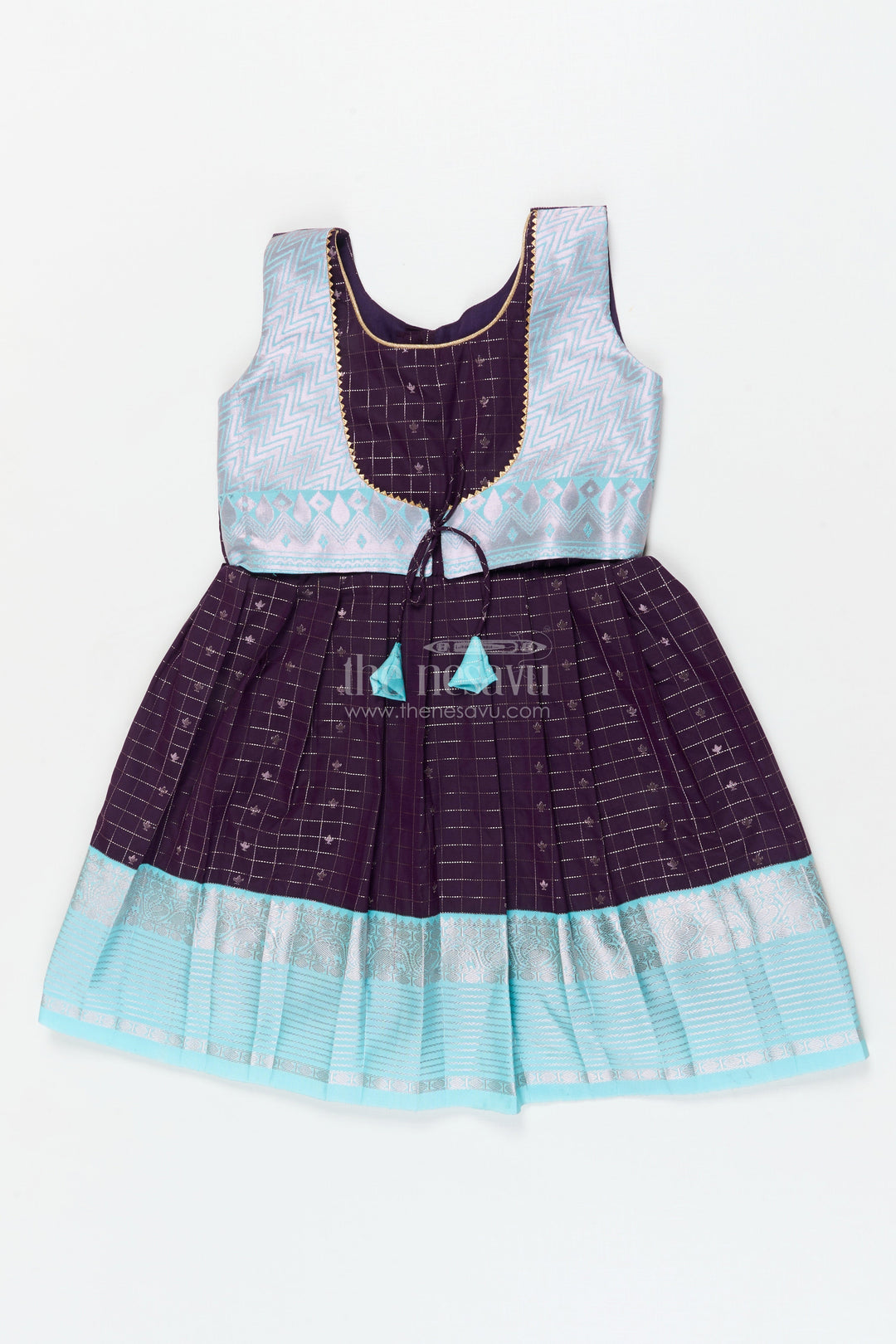 The Nesavu Girls Kanchi Silk Frock Baby Girl Silk Frock for Naming Ceremony and Festive Milestones Nesavu 22 (4Y) / Purple / Style 2 KSF011AB-22 Nesavu baby girl silk frock for naming ceremony with zari checks and traditional border