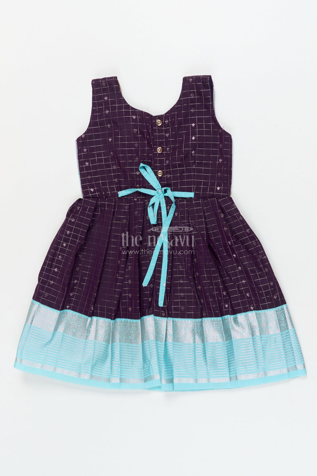 The Nesavu Girls Kanchi Silk Frock Baby Girl Silk Frock for Naming Ceremony and Festive Milestones Nesavu Nesavu baby girl silk frock for naming ceremony with zari checks and traditional border