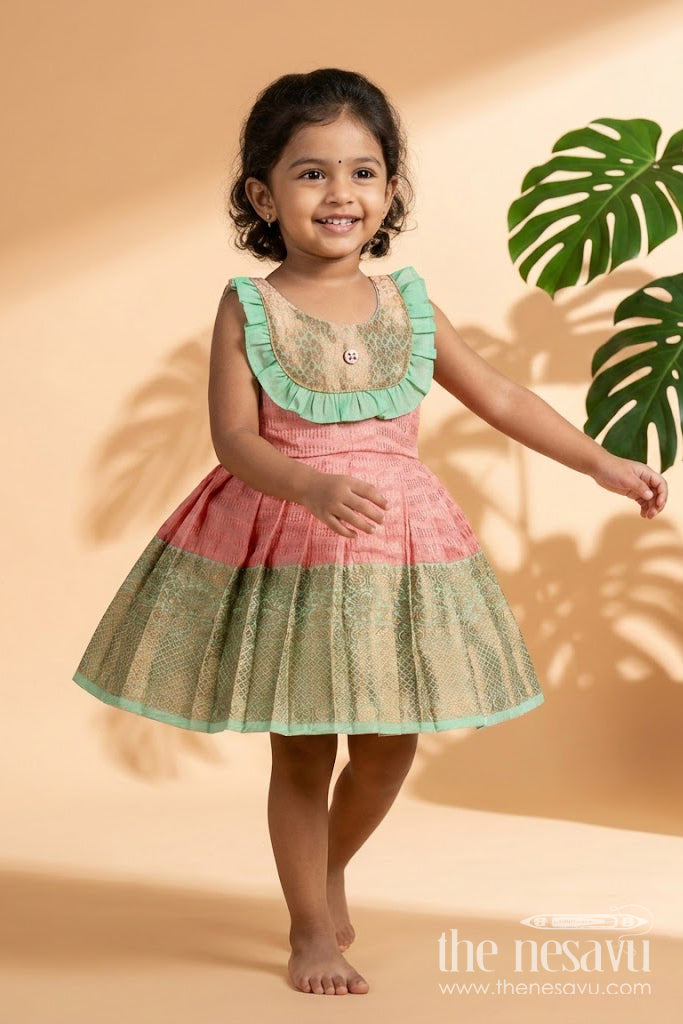 The Nesavu Girls Kanchi Silk Frock Baby Girl Silk Frock for Naming Ceremony and Festive Occasions Nesavu 16 (1Y) / Peach / Style 1 SF996AA-16 Nesavu baby girl silk frock semi Kanchivaram style naming ceremony festive occasions
