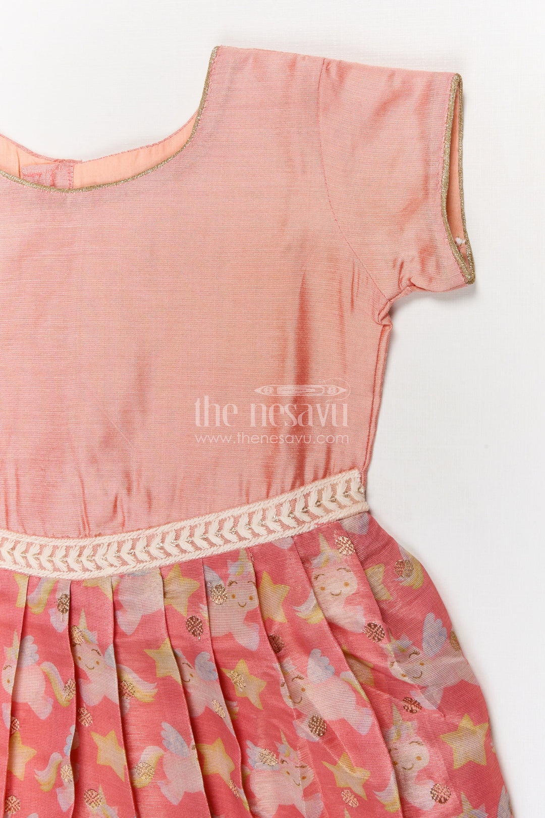 The Nesavu Silk Frock Baby Girl Silk Frock for Parties and Special Celebrations Nesavu Nesavu baby girl silk frock with unicorn print and lace waist for birthdays and party moments