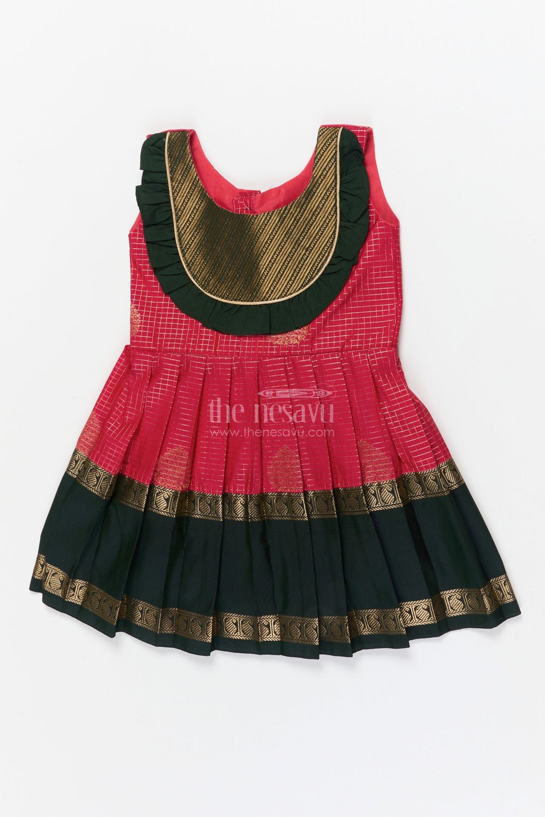 The Nesavu Girls Kanchi Silk Frock Baby Girl Silk Frock for Temple Visits and Traditional School Events Nesavu 10 (NB) / Orange / Style 2 KSF036EB-10 Nesavu baby girl traditional silk frock with zari borders and frilled bib yoke for festive occasions