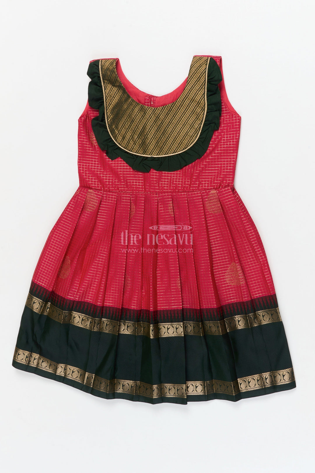 The Nesavu Girls Kanchi Silk Frock Baby Girl Silk Frock for Temple Visits and Traditional School Events Nesavu 20 (3Y) / Orange / Style 1 KSF036EA-20 Nesavu baby girl traditional silk frock with zari borders and frilled bib yoke for festive occasions
