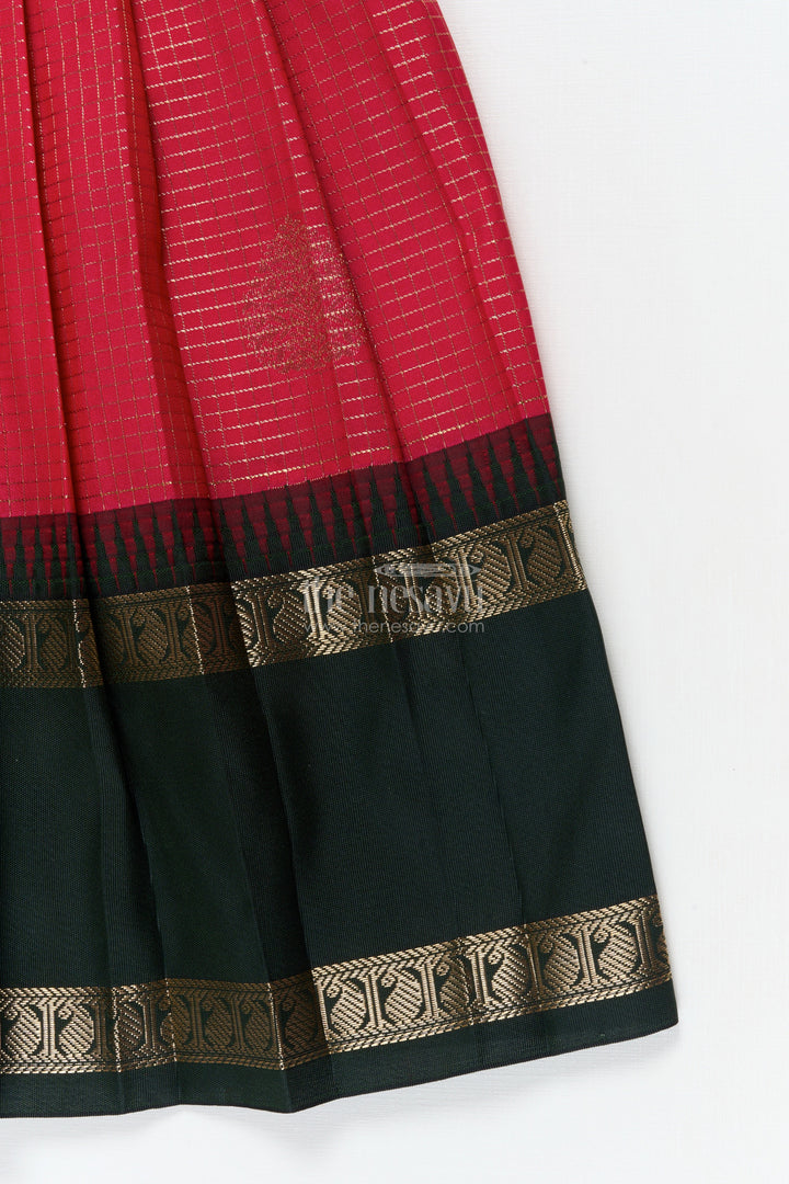 The Nesavu Girls Kanchi Silk Frock Baby Girl Silk Frock for Temple Visits and Traditional School Events Nesavu Nesavu baby girl traditional silk frock with zari borders and frilled bib yoke for festive occasions