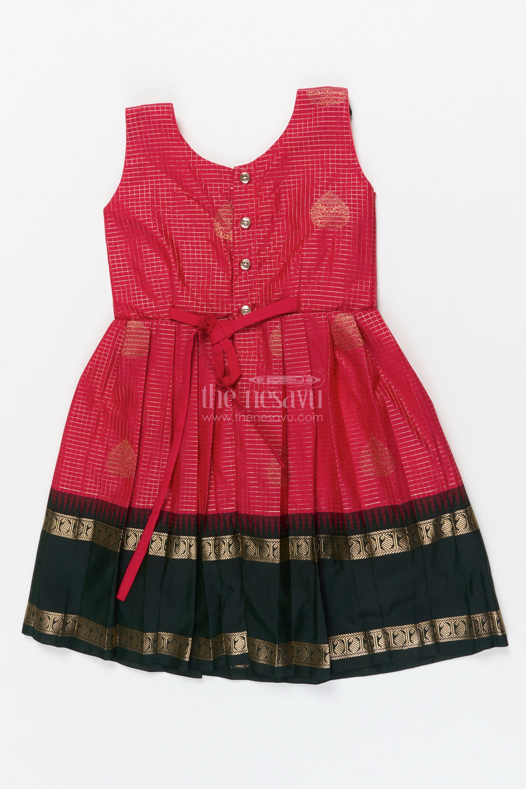 The Nesavu Girls Kanchi Silk Frock Baby Girl Silk Frock for Temple Visits and Traditional School Events Nesavu Nesavu baby girl traditional silk frock with zari borders and frilled bib yoke for festive occasions
