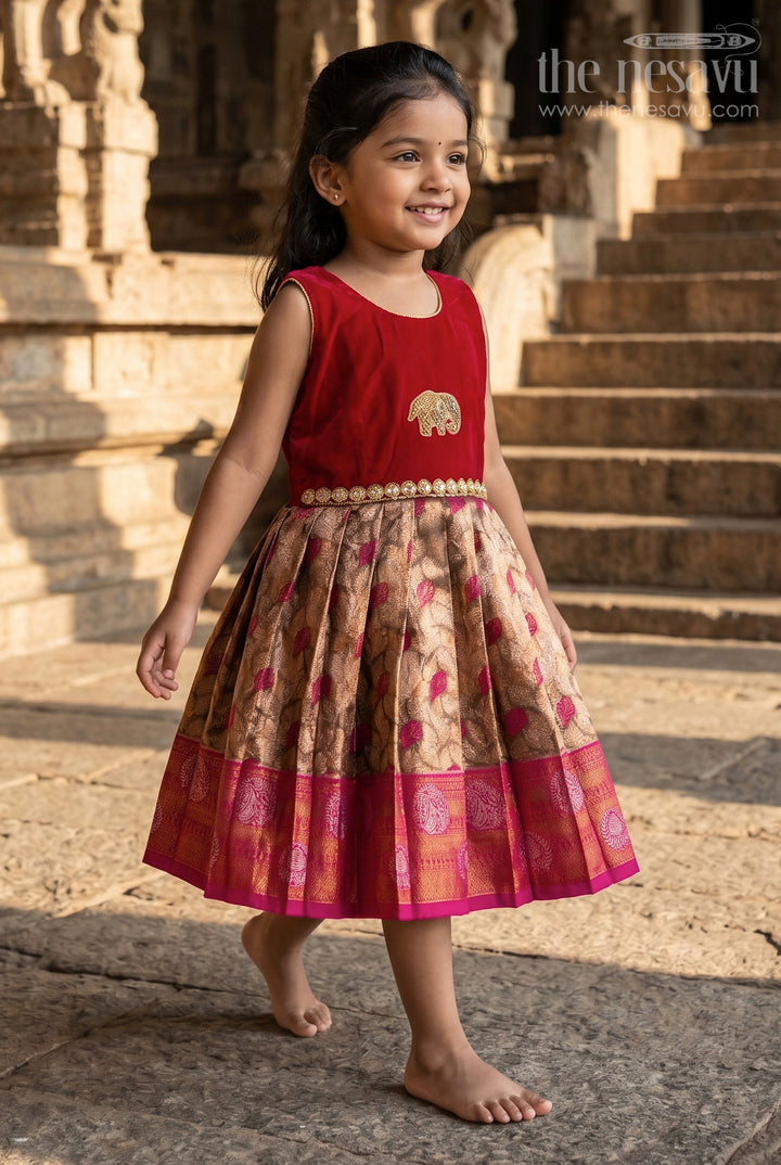 The Nesavu Silk Party Frock Baby Girl Silk Frock for Traditional Family Celebrations Nesavu 20 (3Y) / Red / Velvet SF1119A-20 Nesavu baby girl silk frock for festive occasions with velvet yoke and jacquard skirt