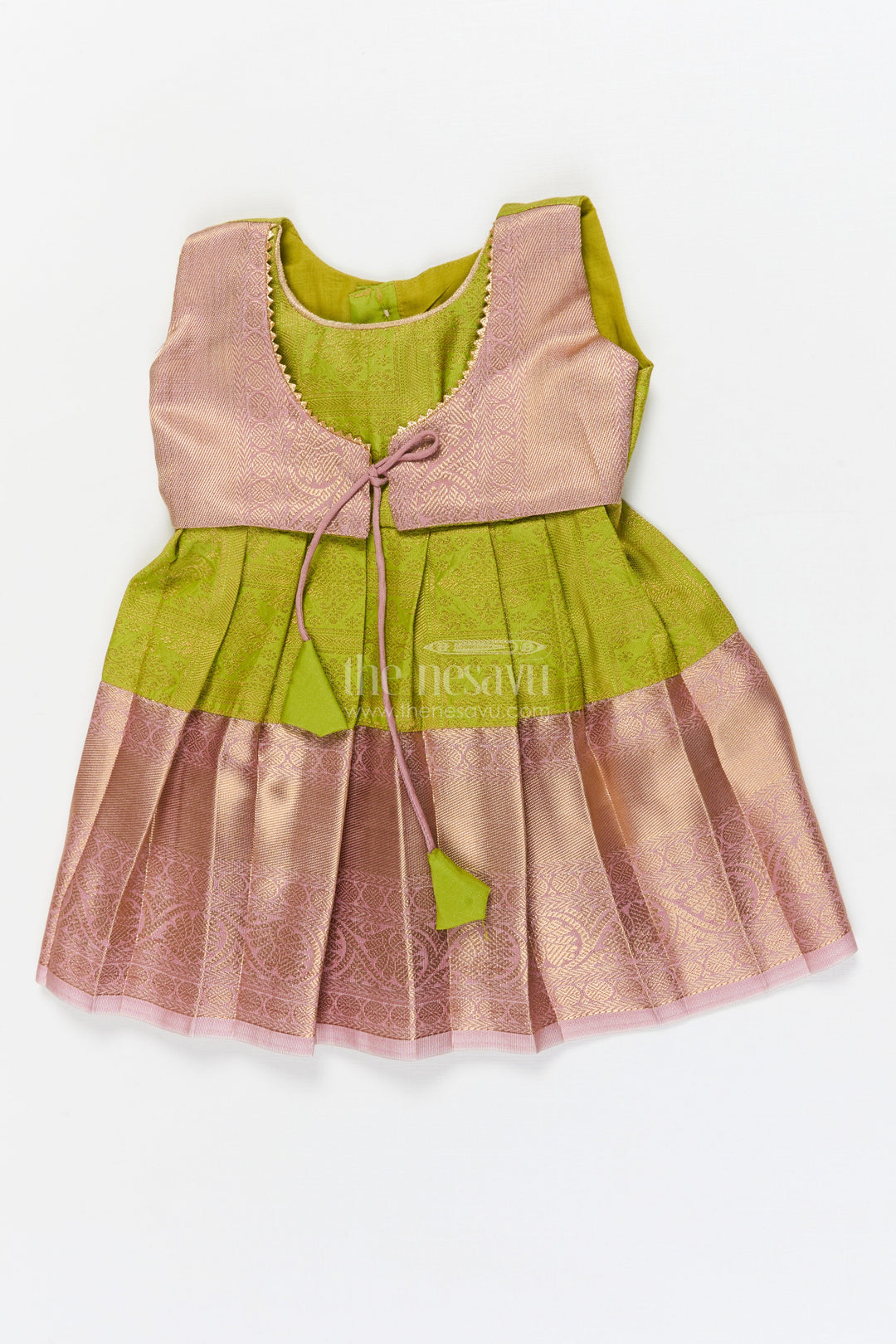 The Nesavu Girls Kanchi Silk Frock Baby Girl Silk Frock for Traditional Family Occasions and Festive Events Nesavu 10 (NB) / Green / Style 3 KSF029AC-10 Nesavu baby girl Kanchivaram silk frock for traditional occasions with zari border and overlay