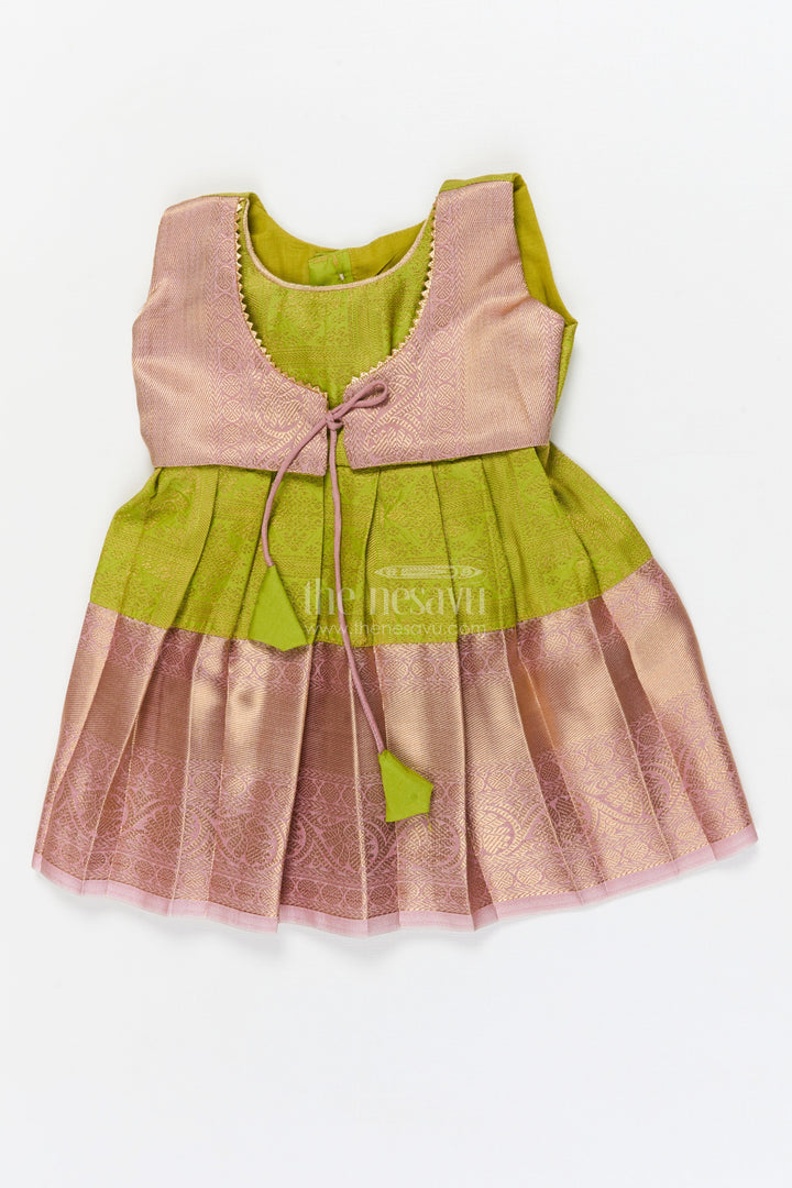 The Nesavu Girls Kanchi Silk Frock Baby Girl Silk Frock for Traditional Family Occasions and Festive Events Nesavu 10 (NB) / Green / Style 3 KSF029AC-10 Nesavu baby girl Kanchivaram silk frock for traditional occasions with zari border and overlay