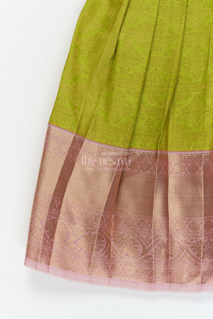 The Nesavu Girls Kanchi Silk Frock Baby Girl Silk Frock for Traditional Family Occasions and Festive Events Nesavu Nesavu baby girl Kanchivaram silk frock for traditional occasions with zari border and overlay