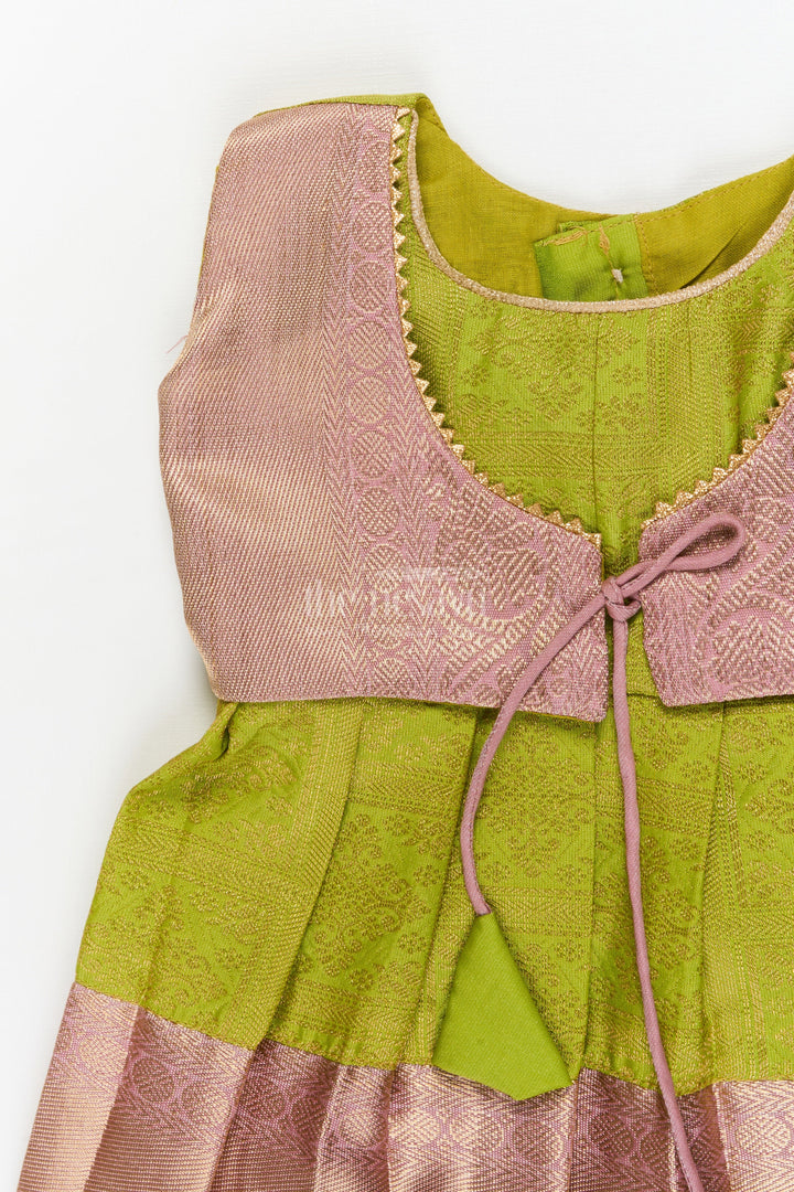 The Nesavu Girls Kanchi Silk Frock Baby Girl Silk Frock for Traditional Family Occasions and Festive Events Nesavu Nesavu baby girl Kanchivaram silk frock for traditional occasions with zari border and overlay