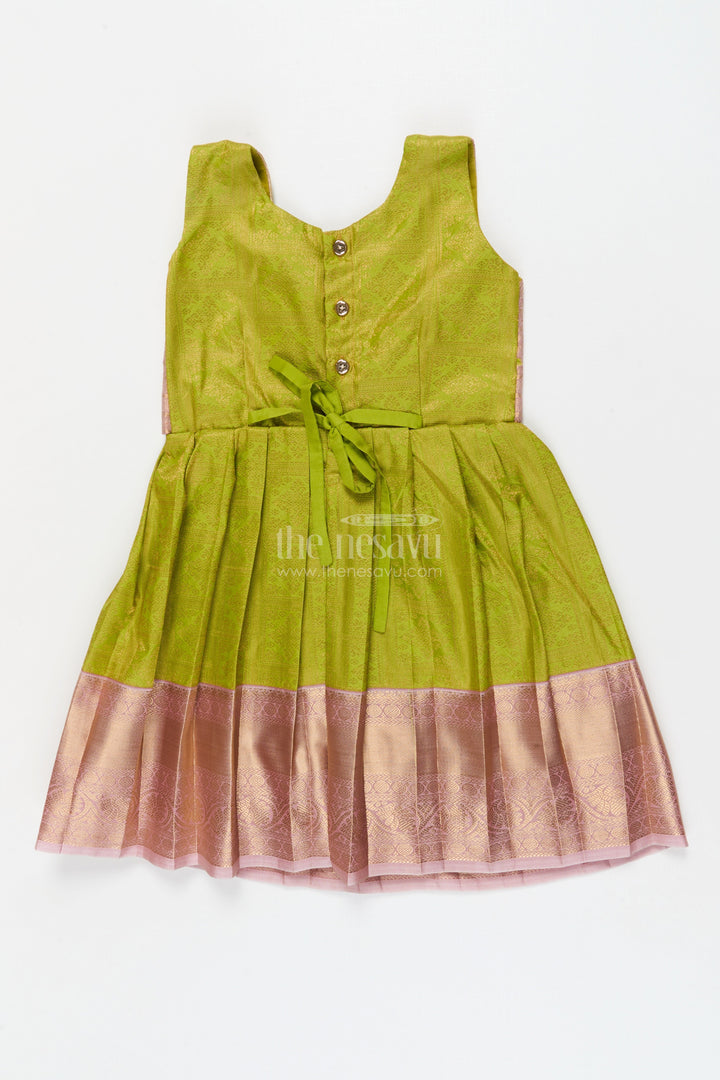 The Nesavu Girls Kanchi Silk Frock Baby Girl Silk Frock for Traditional Family Occasions and Festive Events Nesavu Nesavu baby girl Kanchivaram silk frock for traditional occasions with zari border and overlay