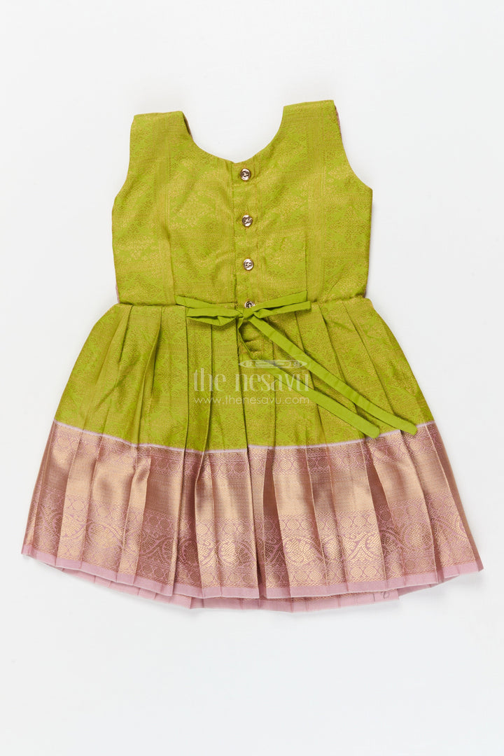 The Nesavu Girls Kanchi Silk Frock Baby Girl Silk Frock for Traditional Family Occasions and Festive Events Nesavu Nesavu baby girl Kanchivaram silk frock for traditional occasions with zari border and overlay