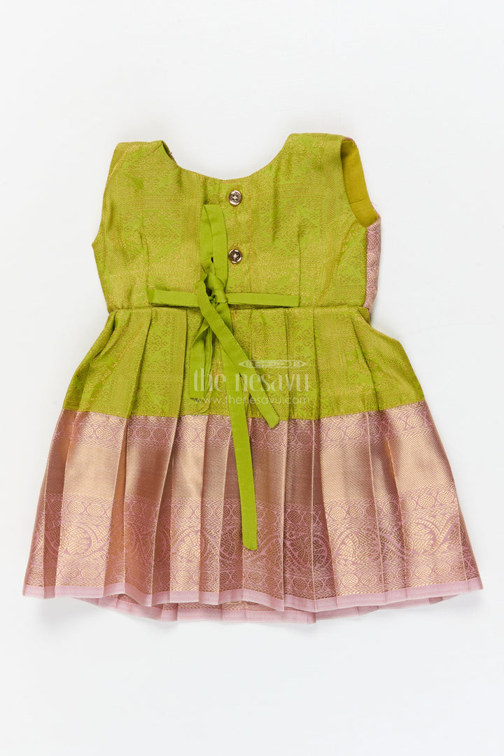 The Nesavu Girls Kanchi Silk Frock Baby Girl Silk Frock for Traditional Family Occasions and Festive Events Nesavu Nesavu baby girl Kanchivaram silk frock for traditional occasions with zari border and overlay