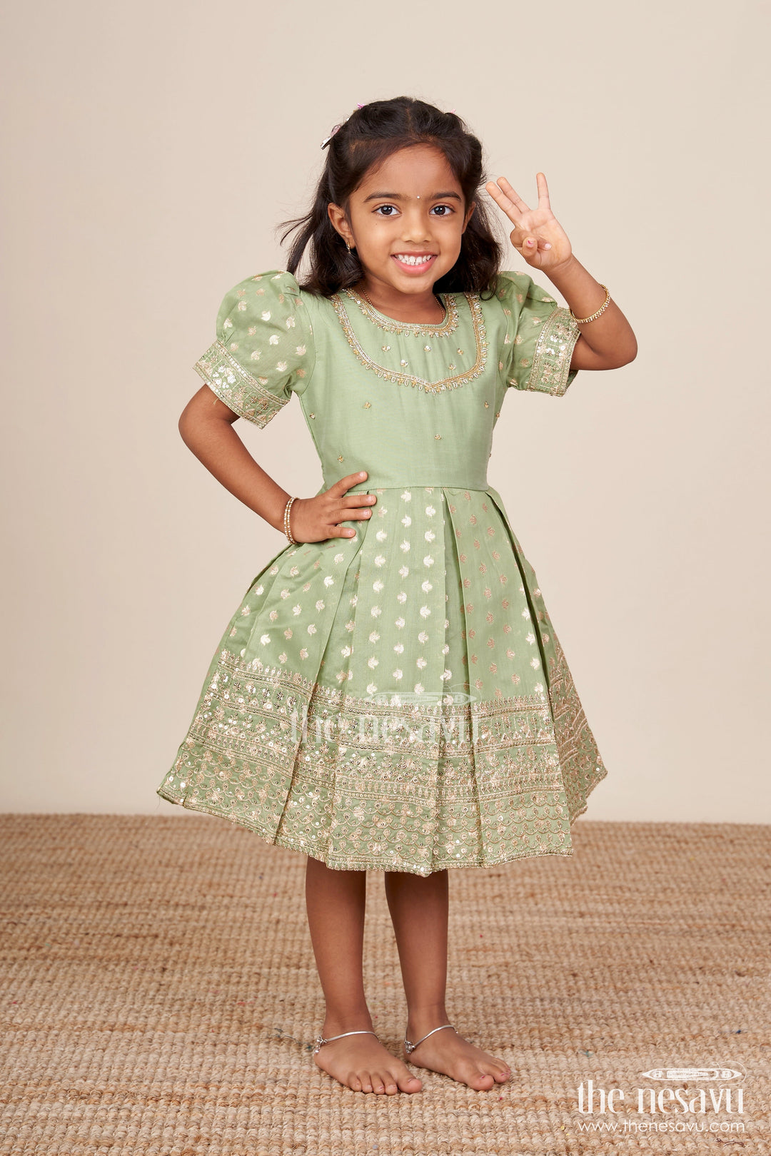 The Nesavu Silk Frock Baby Girl Silk Frock for Traditional Festivals and Cultural Events Nesavu 16 (1Y) / Green SF1045A-16 Nesavu baby girl silk frock embroidery traditional festivals cultural celebrations